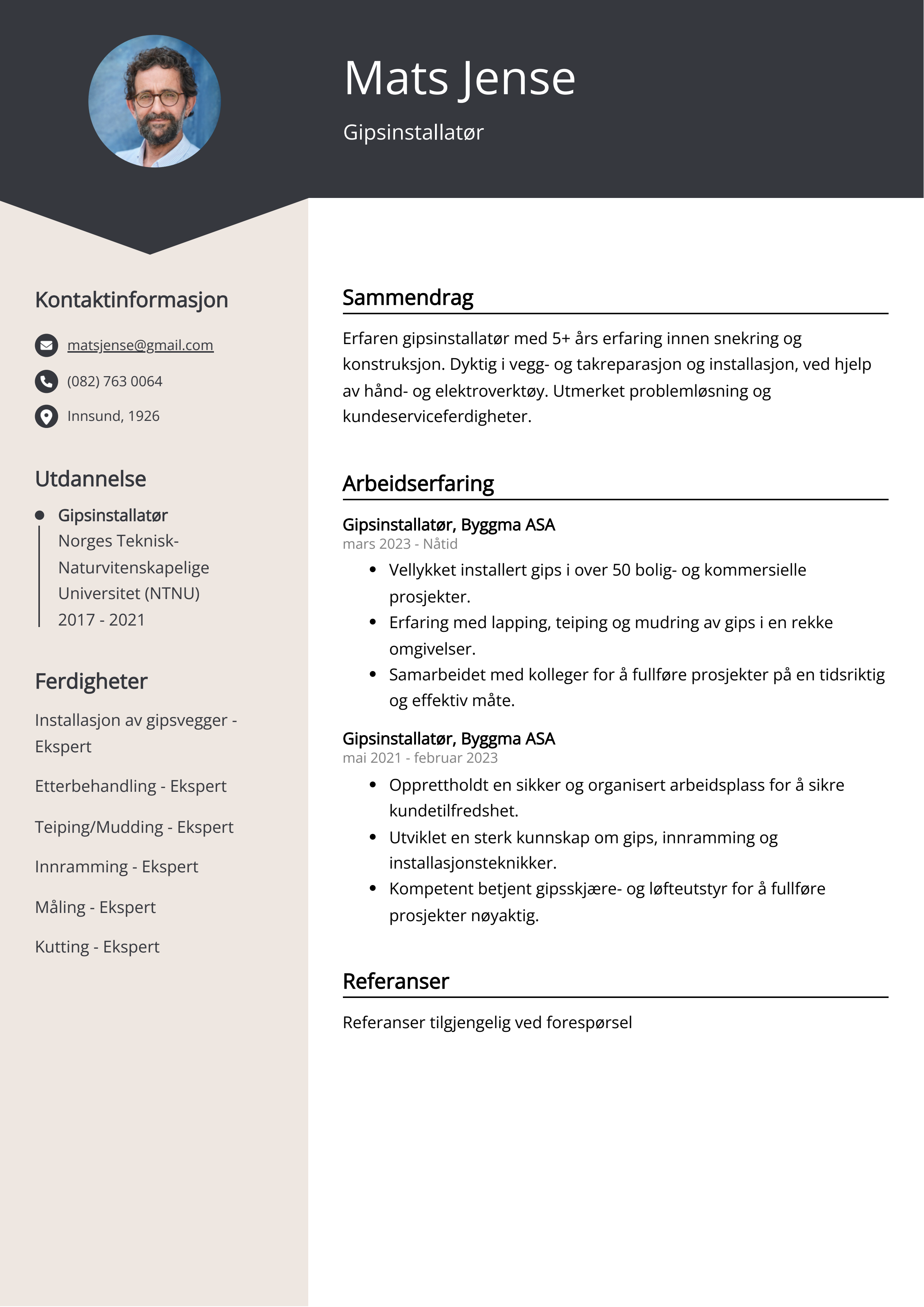 Gipsinstallatør CV Eksempel