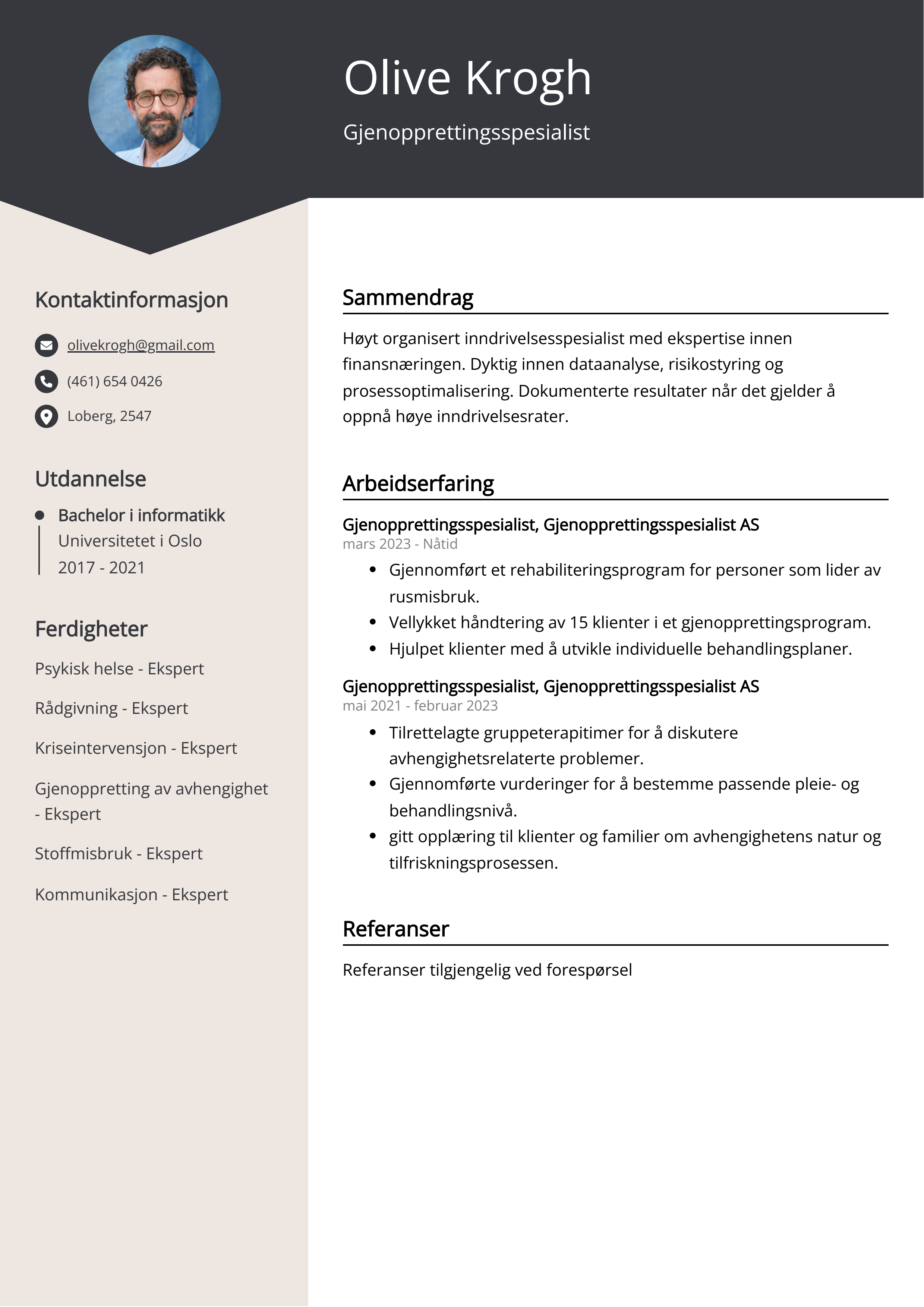 Gjenopprettingsspesialist CV-eksempel