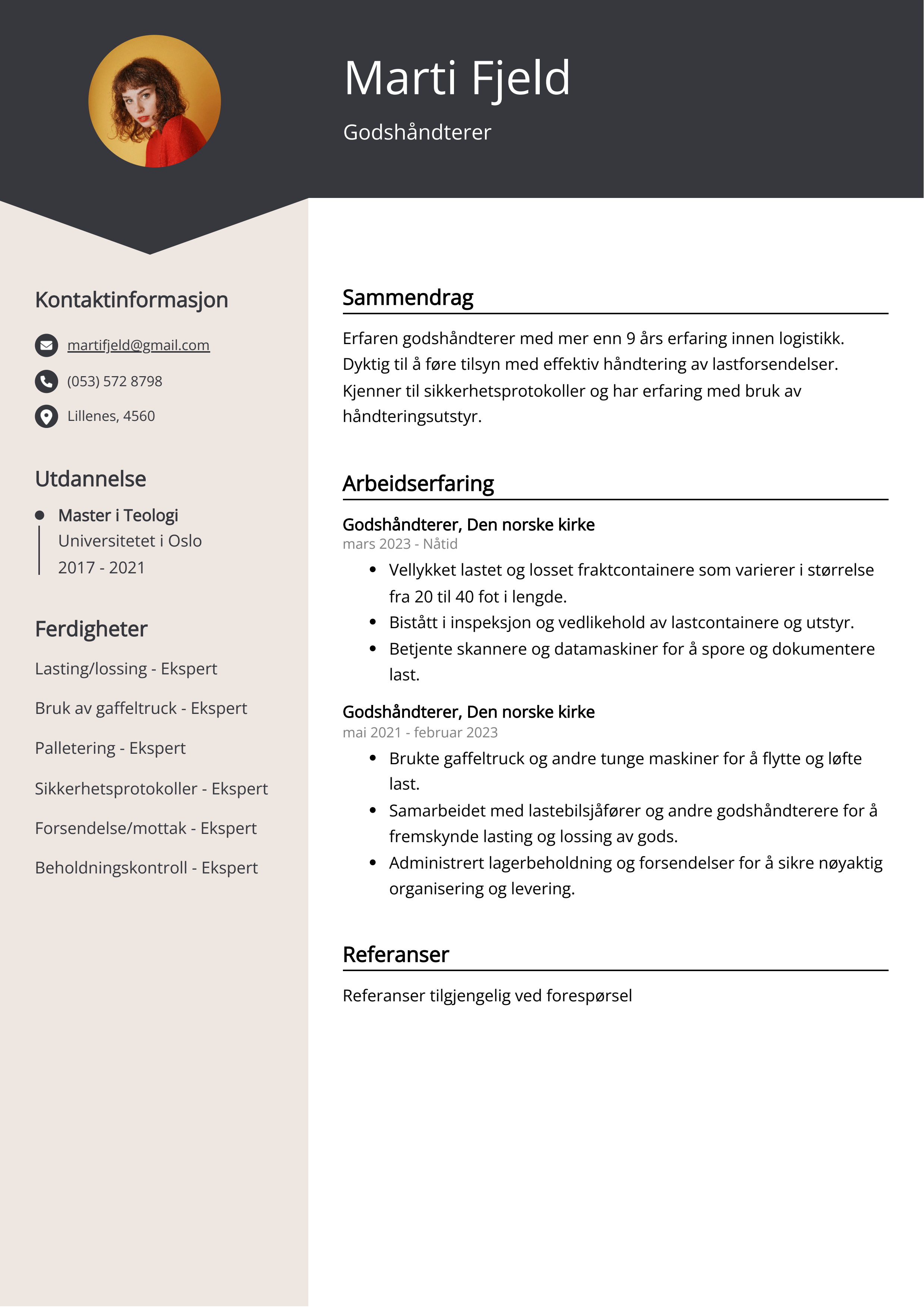 Godshåndterer CV-eksempel