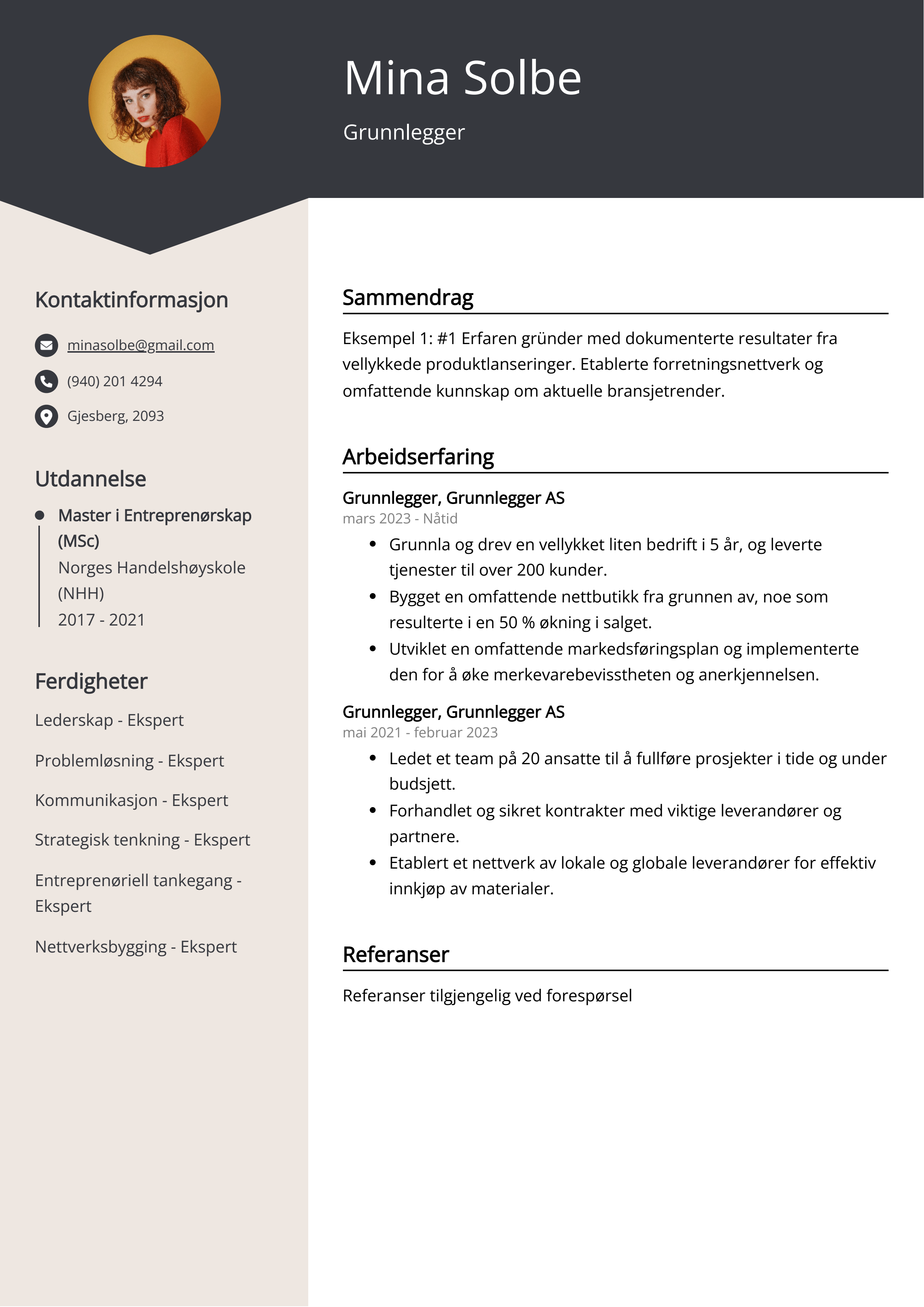Eksempel på CV for Grunnlegger