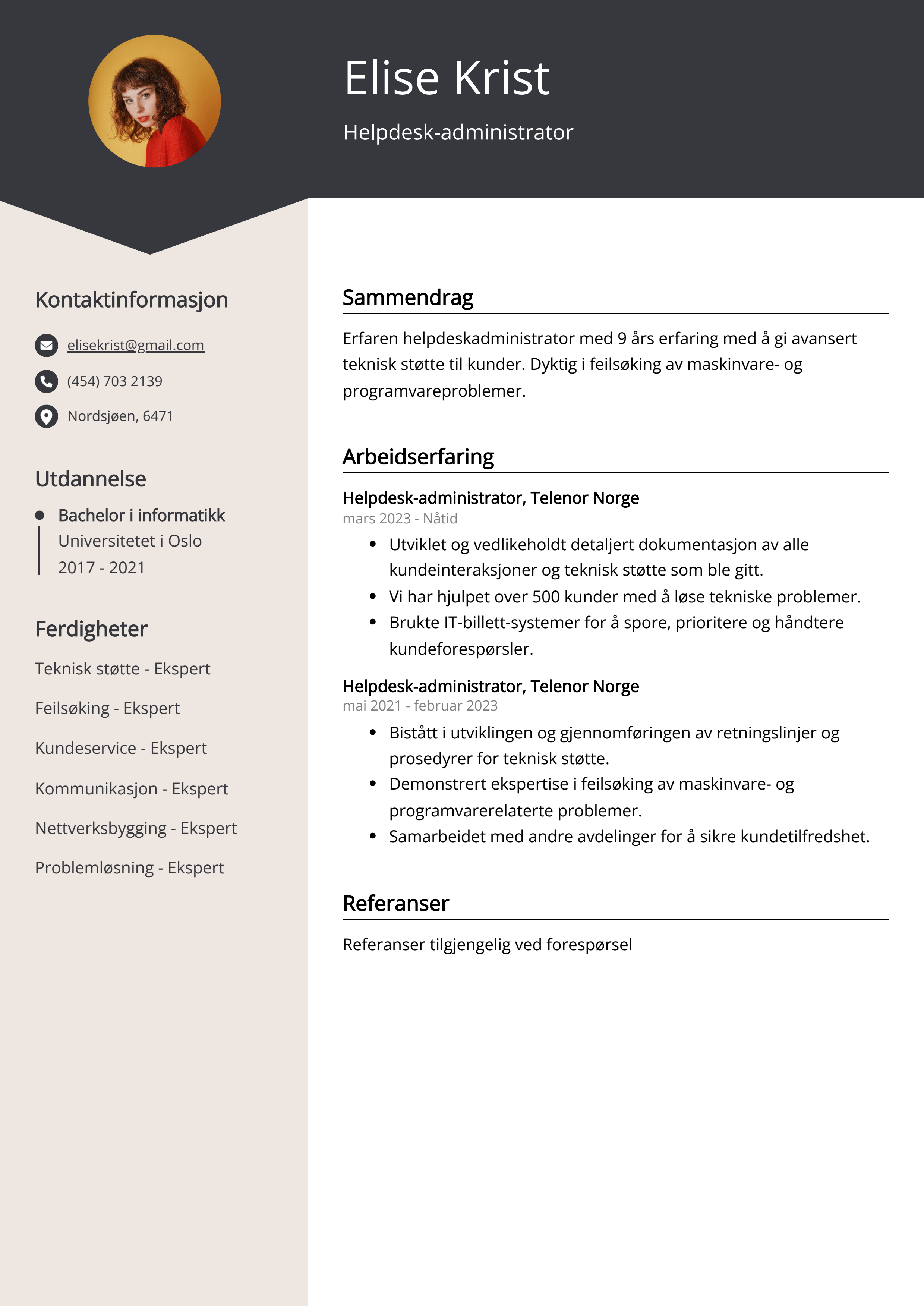 Eksempel på CV for helpdesk-administrator