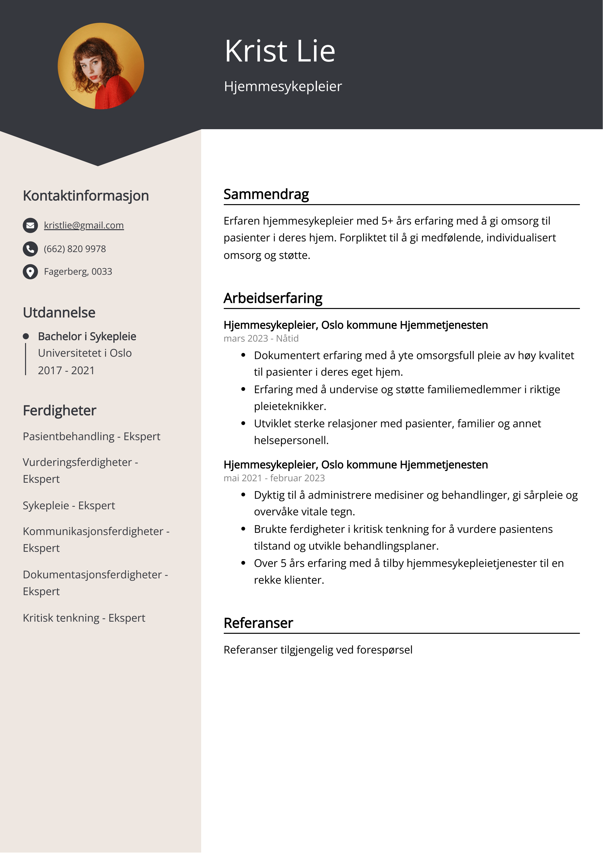 Hjemmesykepleier CV-eksempel