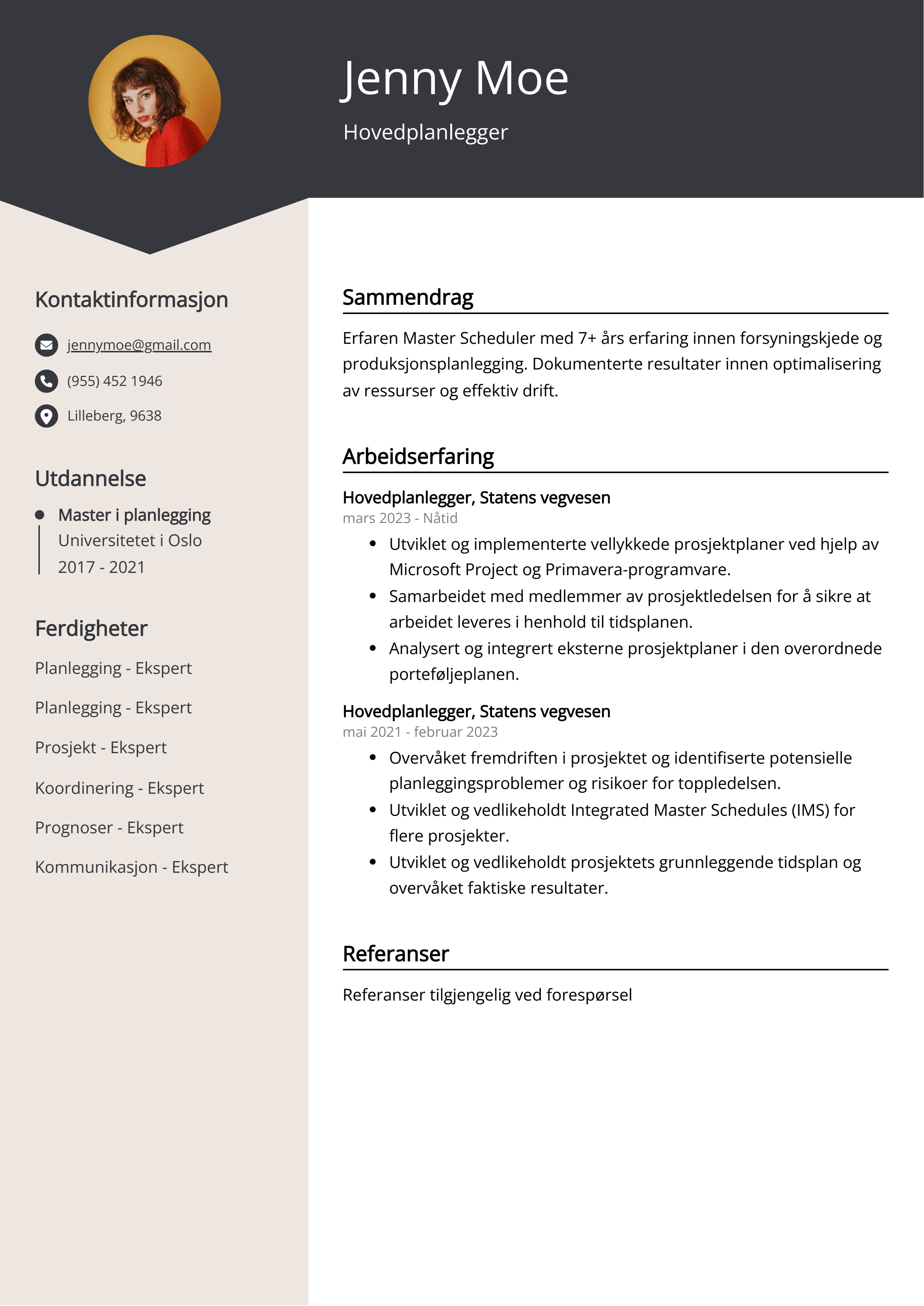 Hovedplanlegger CV Eksempel