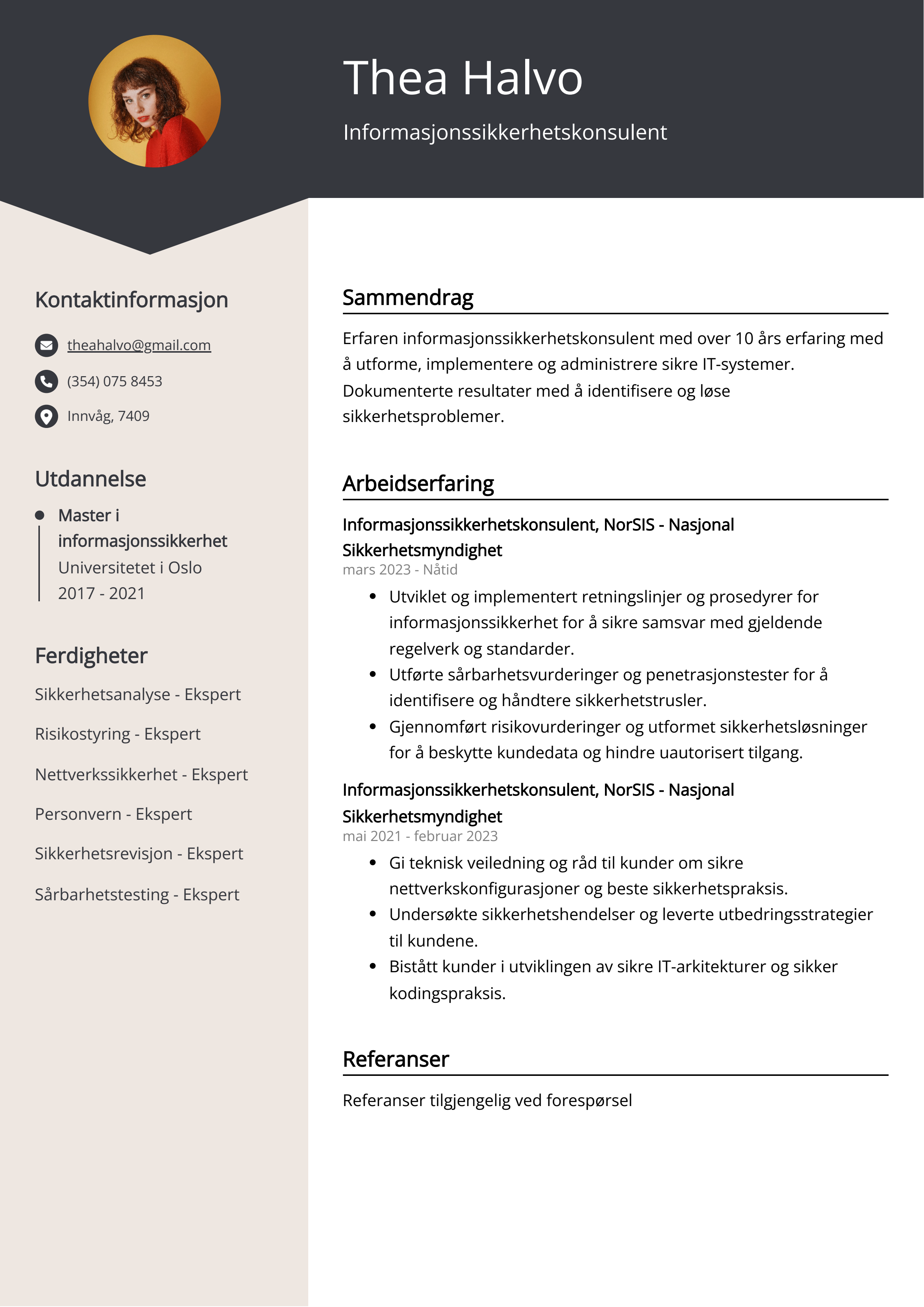 Informasjonssikkerhetskonsulent CV Eksempel