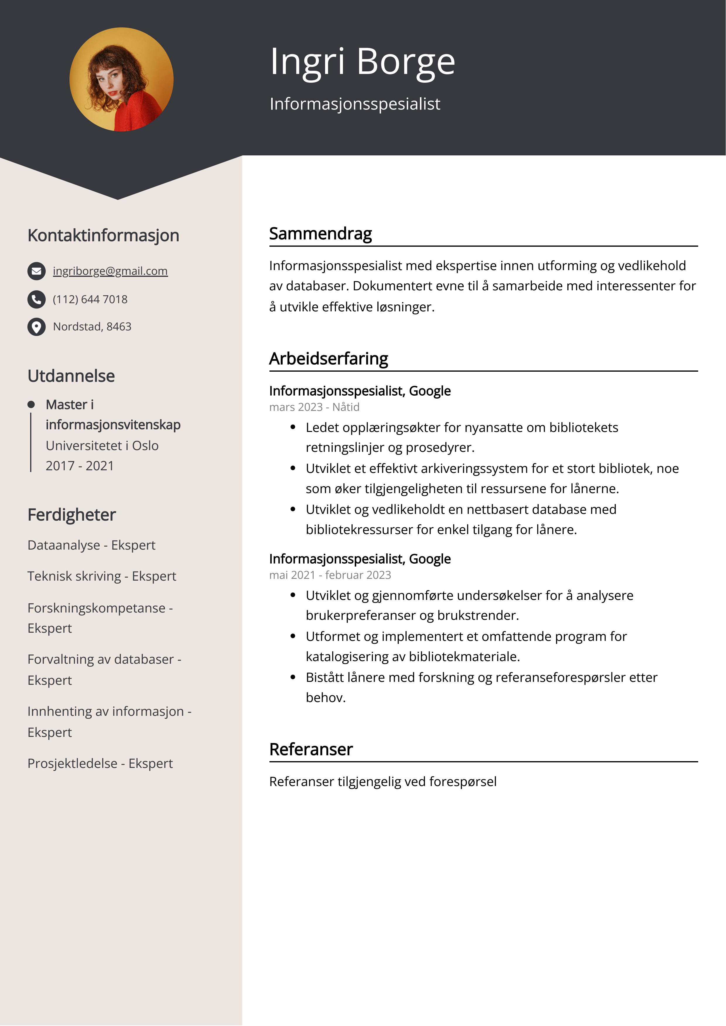 Eksempel på CV for informasjonsspesialist