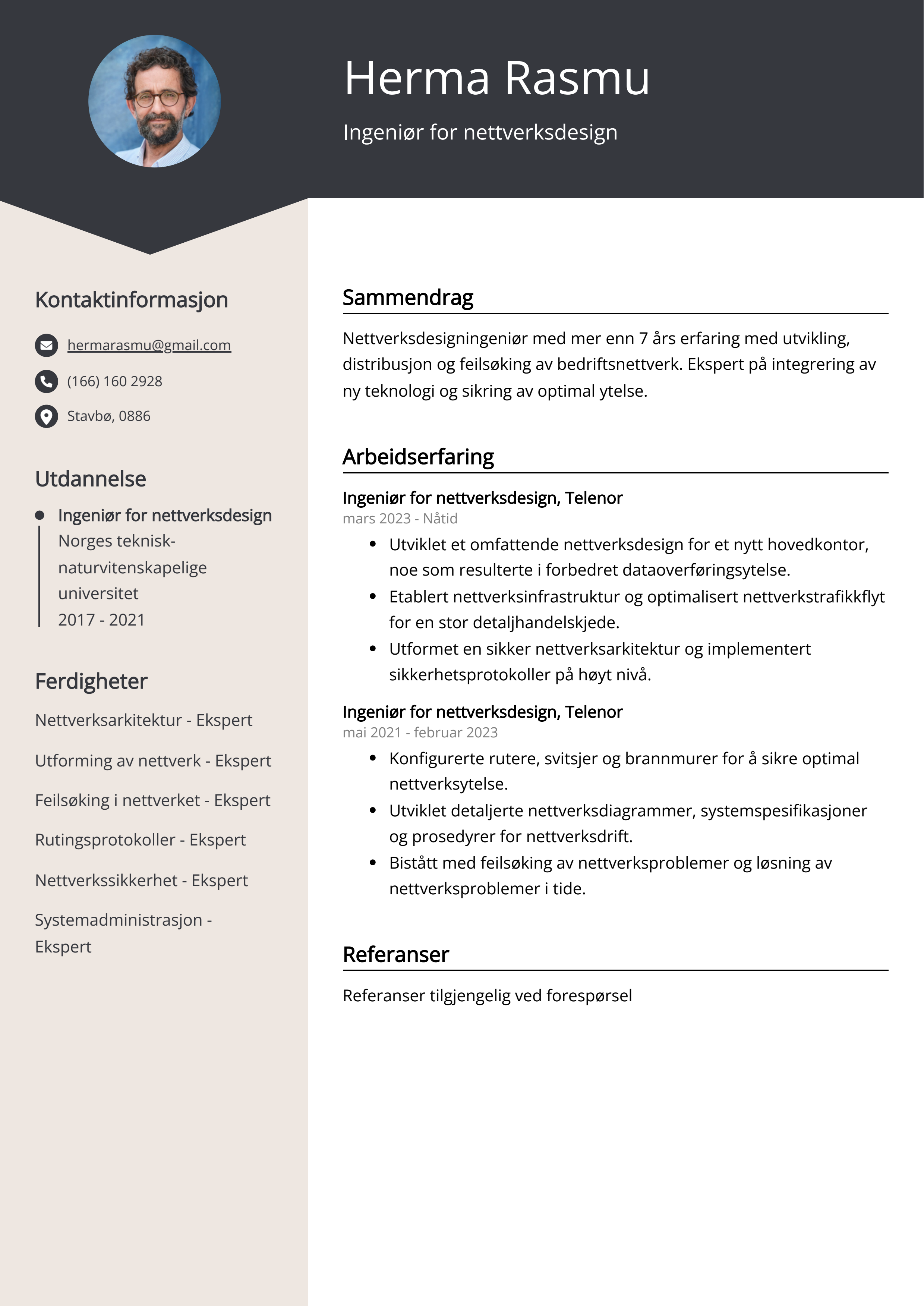 Ingeniør for nettverksdesign CV Eksempel