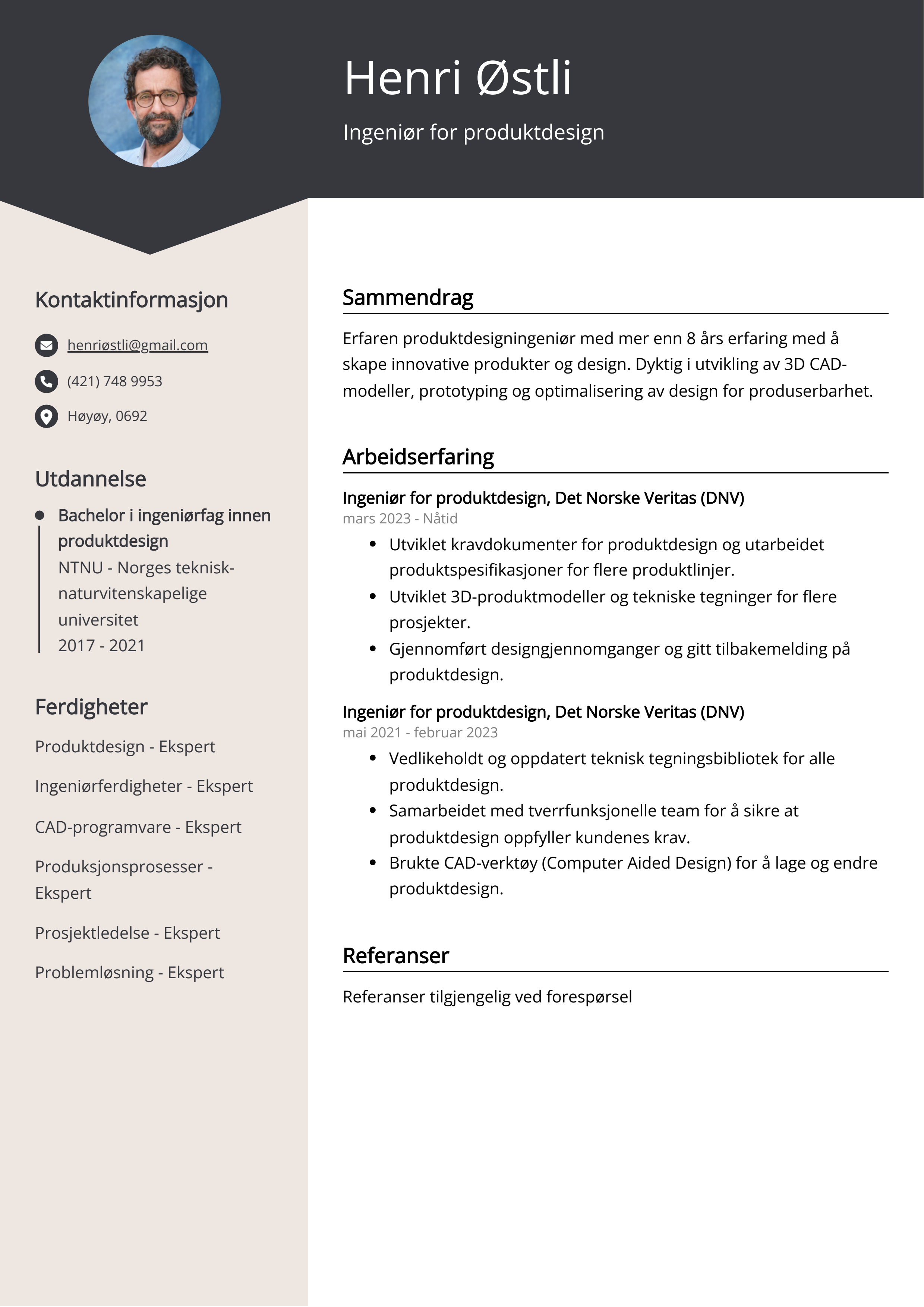 Ingeniør for produktdesign CV Eksempel