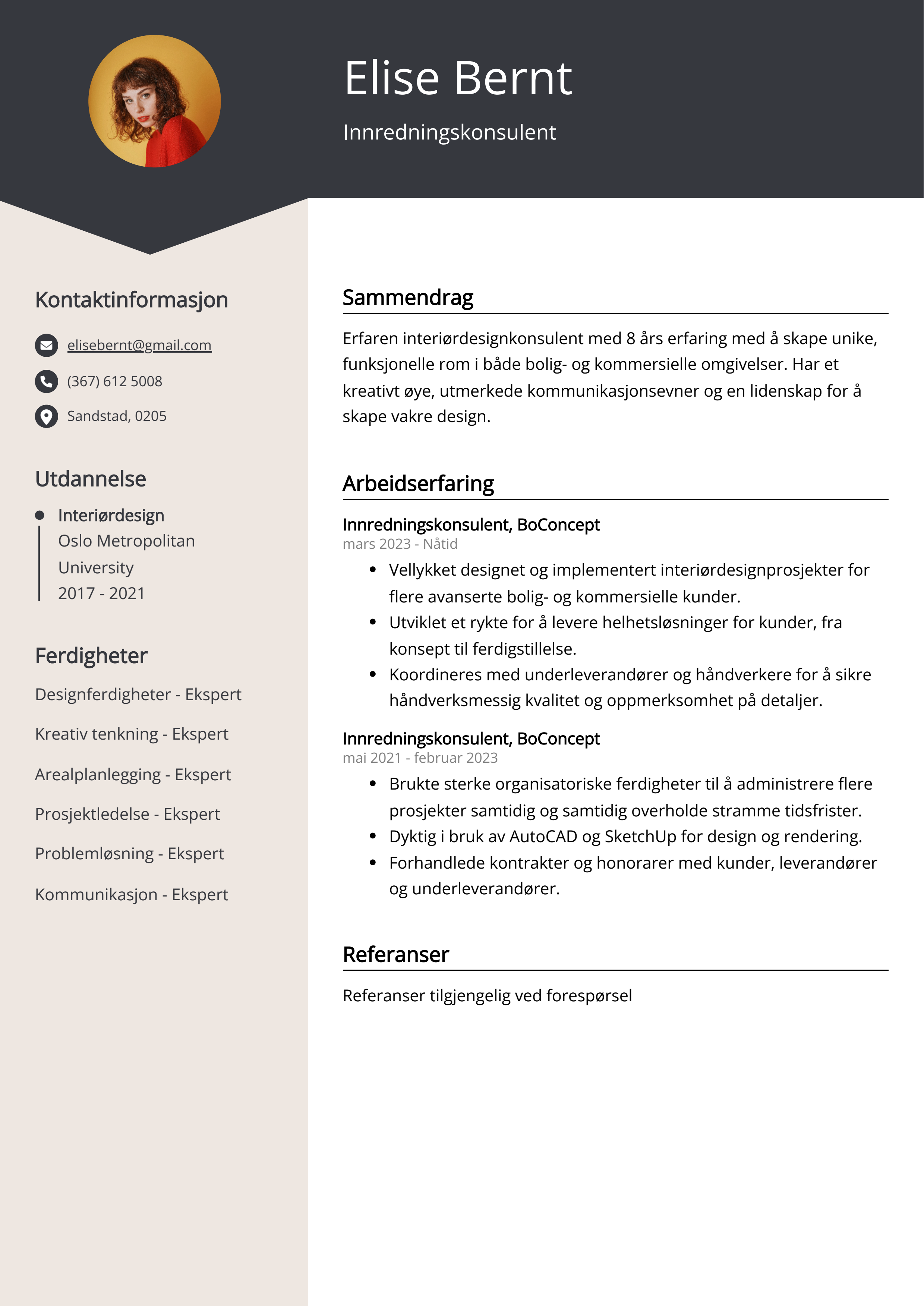 Innredningskonsulent CV Eksempel