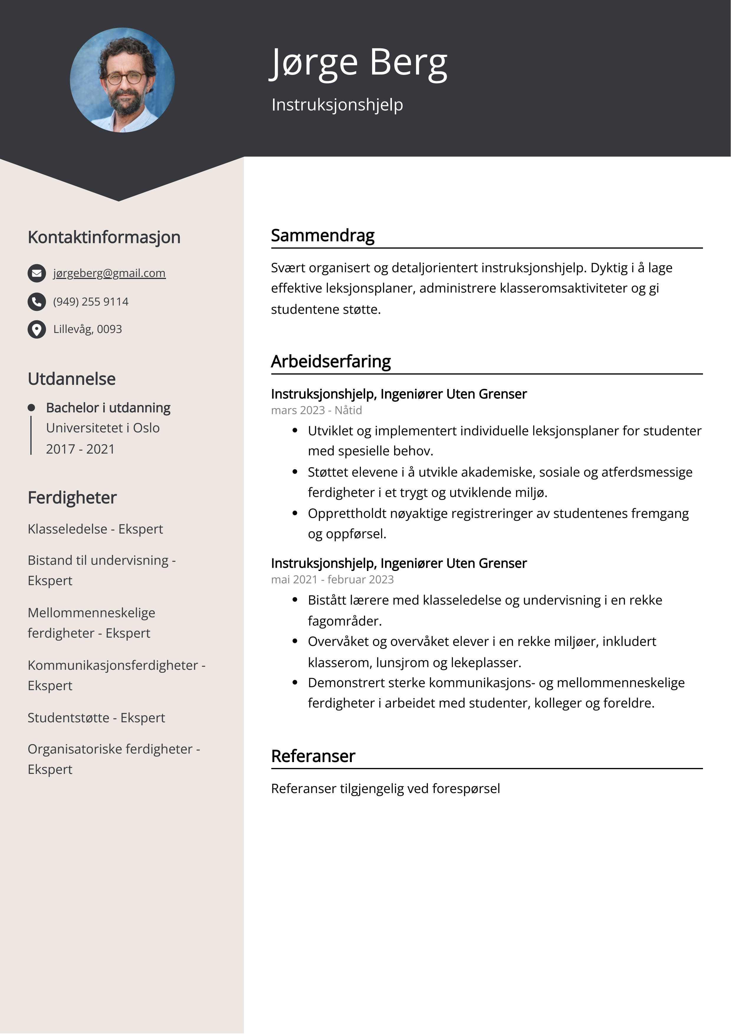 Instruksjonshjelp CV Eksempel