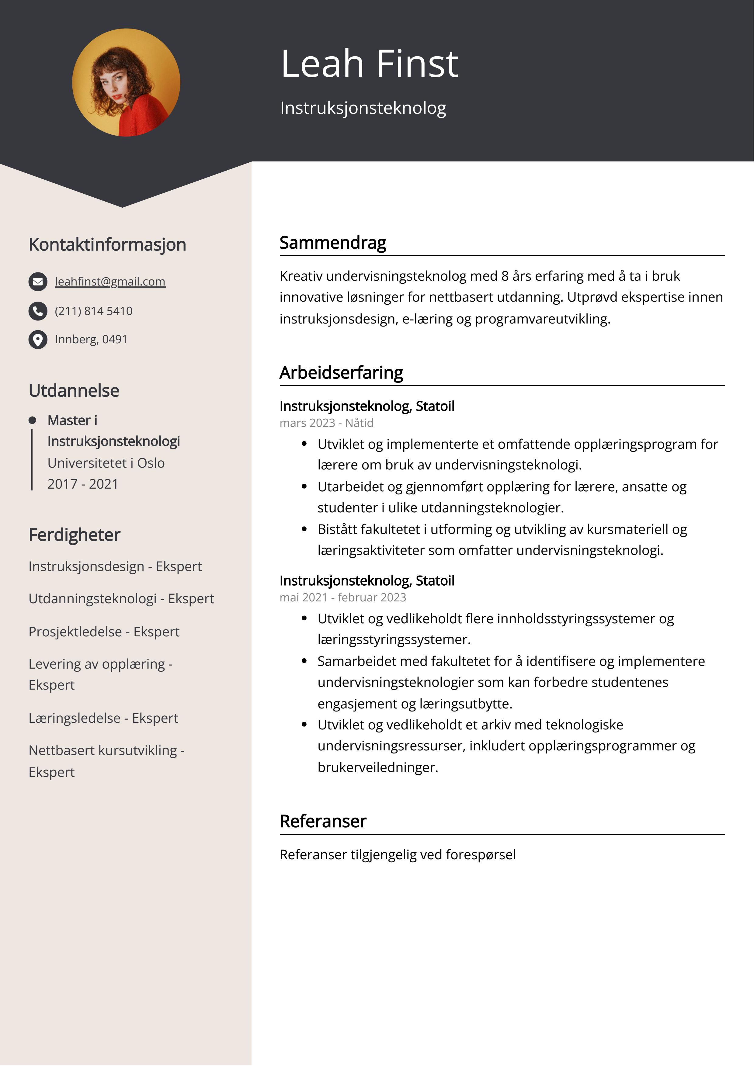 Instruksjonsteknolog CV Eksempel