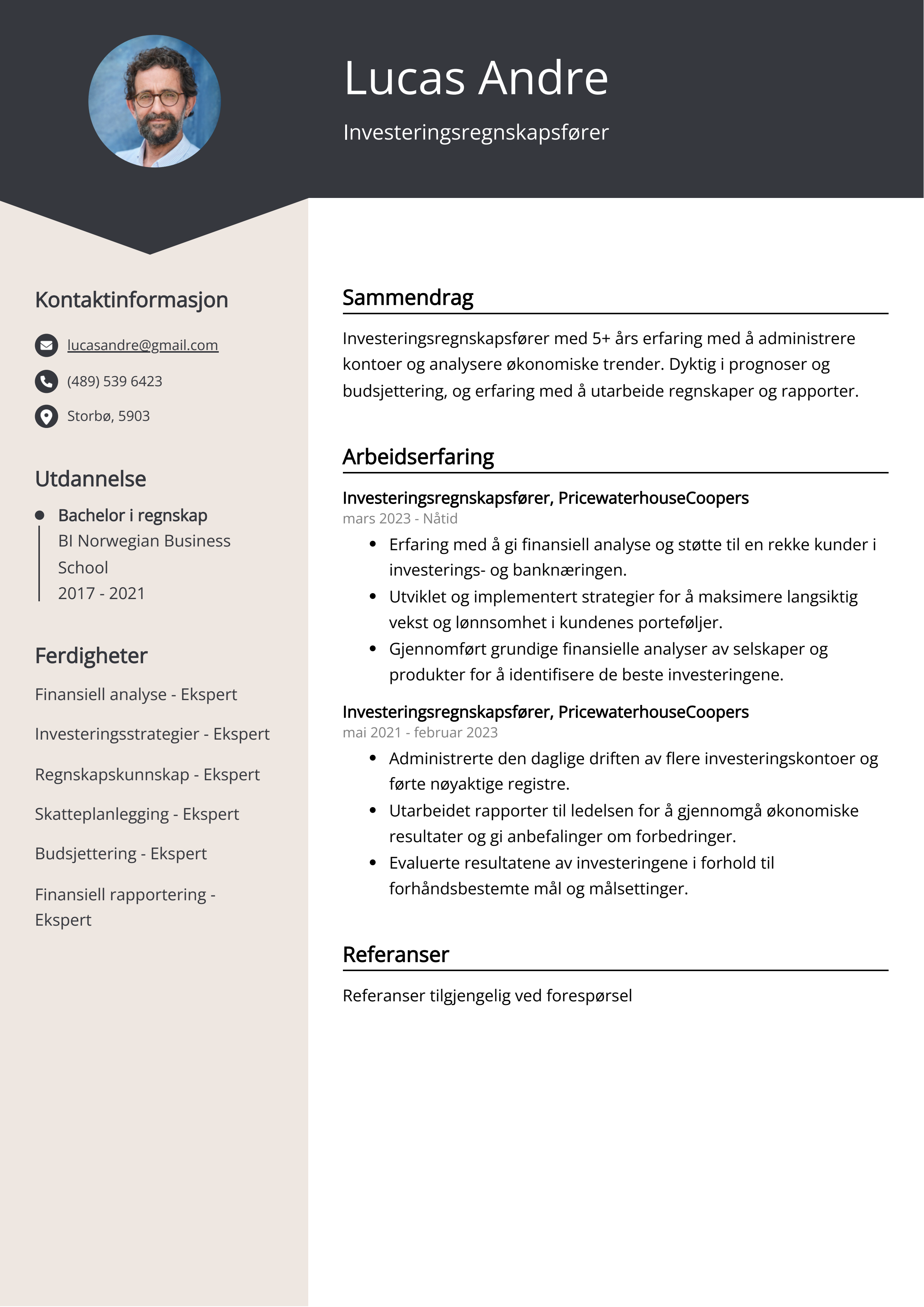 Investeringsregnskapsfører CV Eksempel