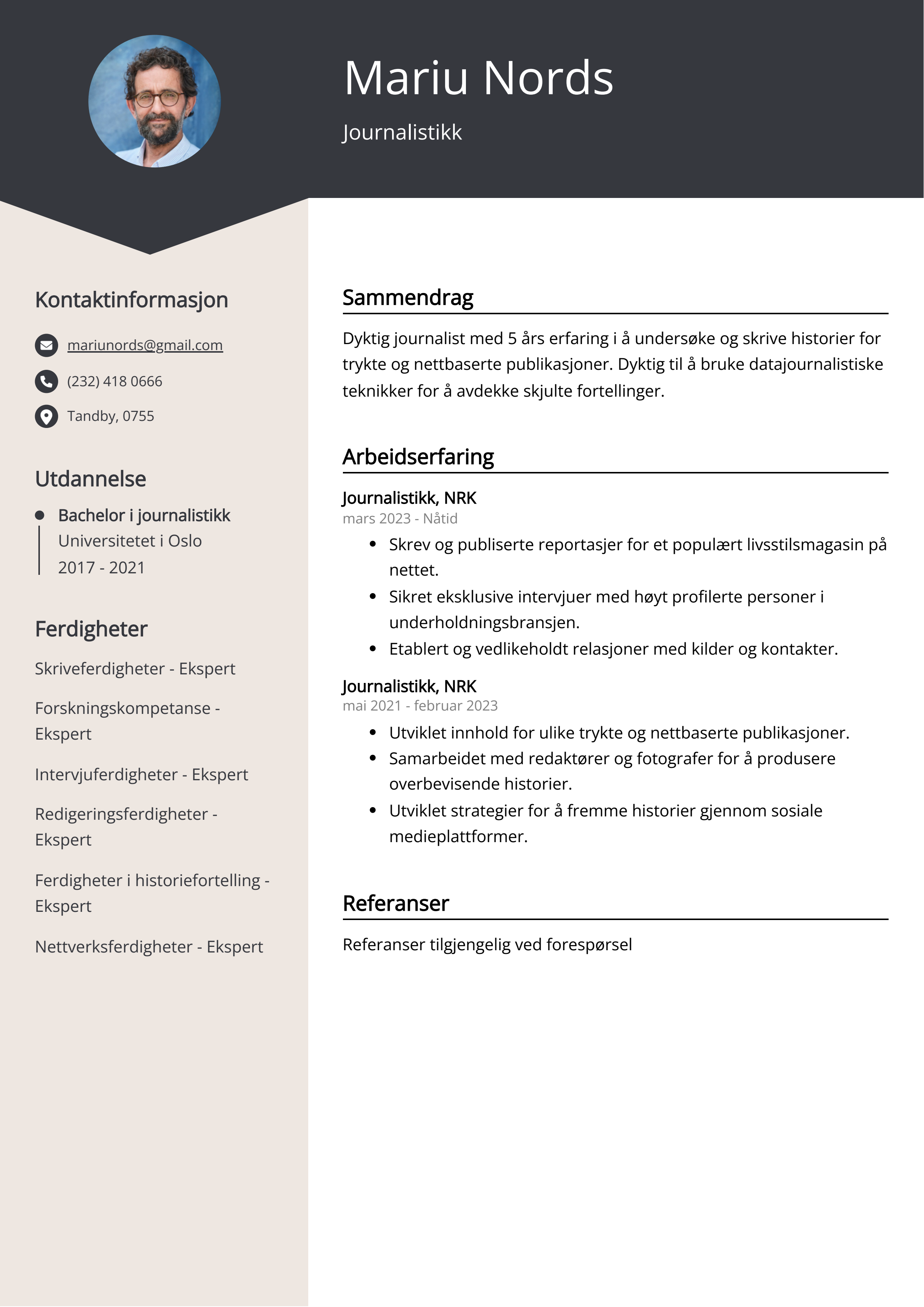 Journalistikk CV-eksempel