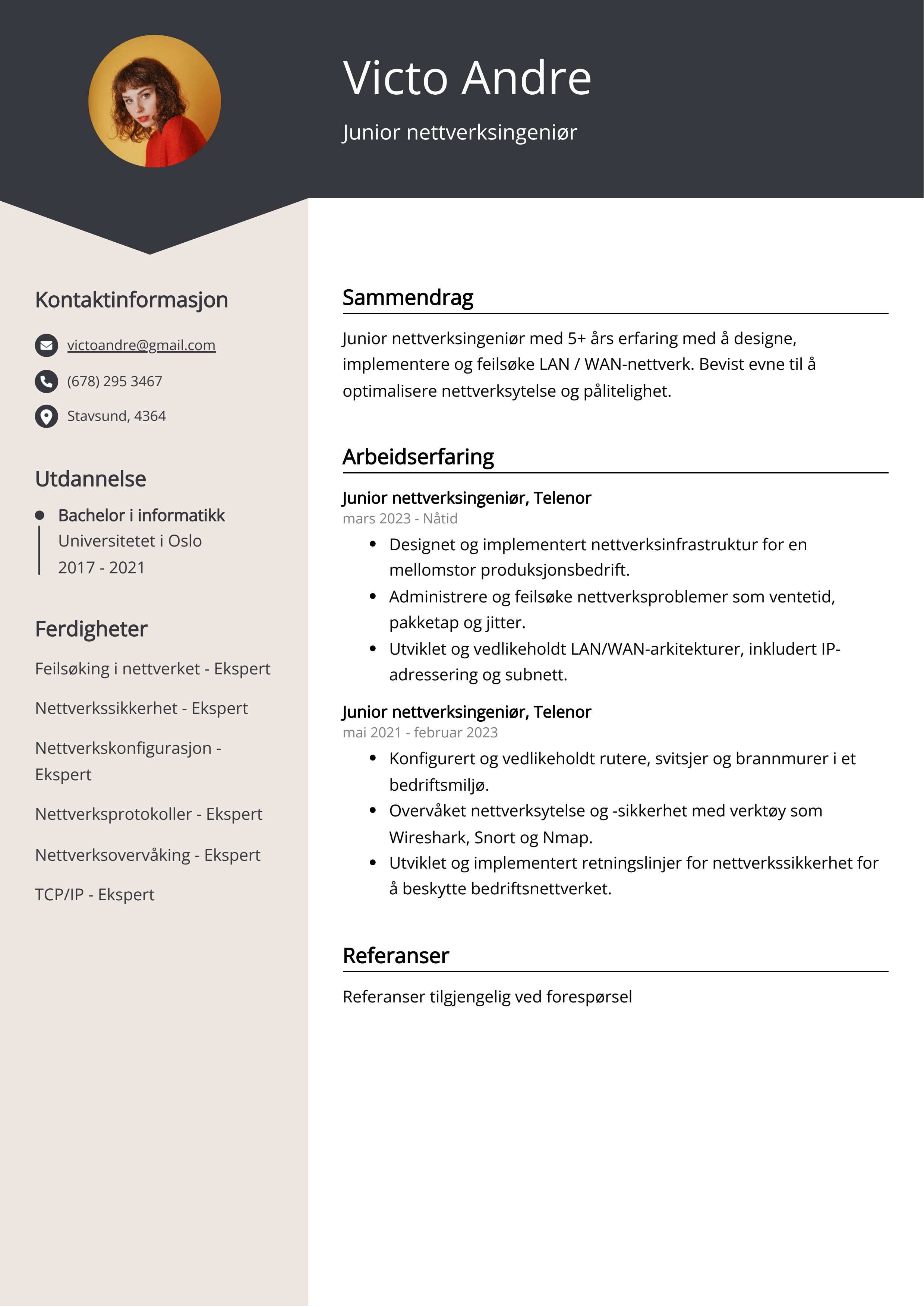 Junior nettverksingeniør CV-eksempel