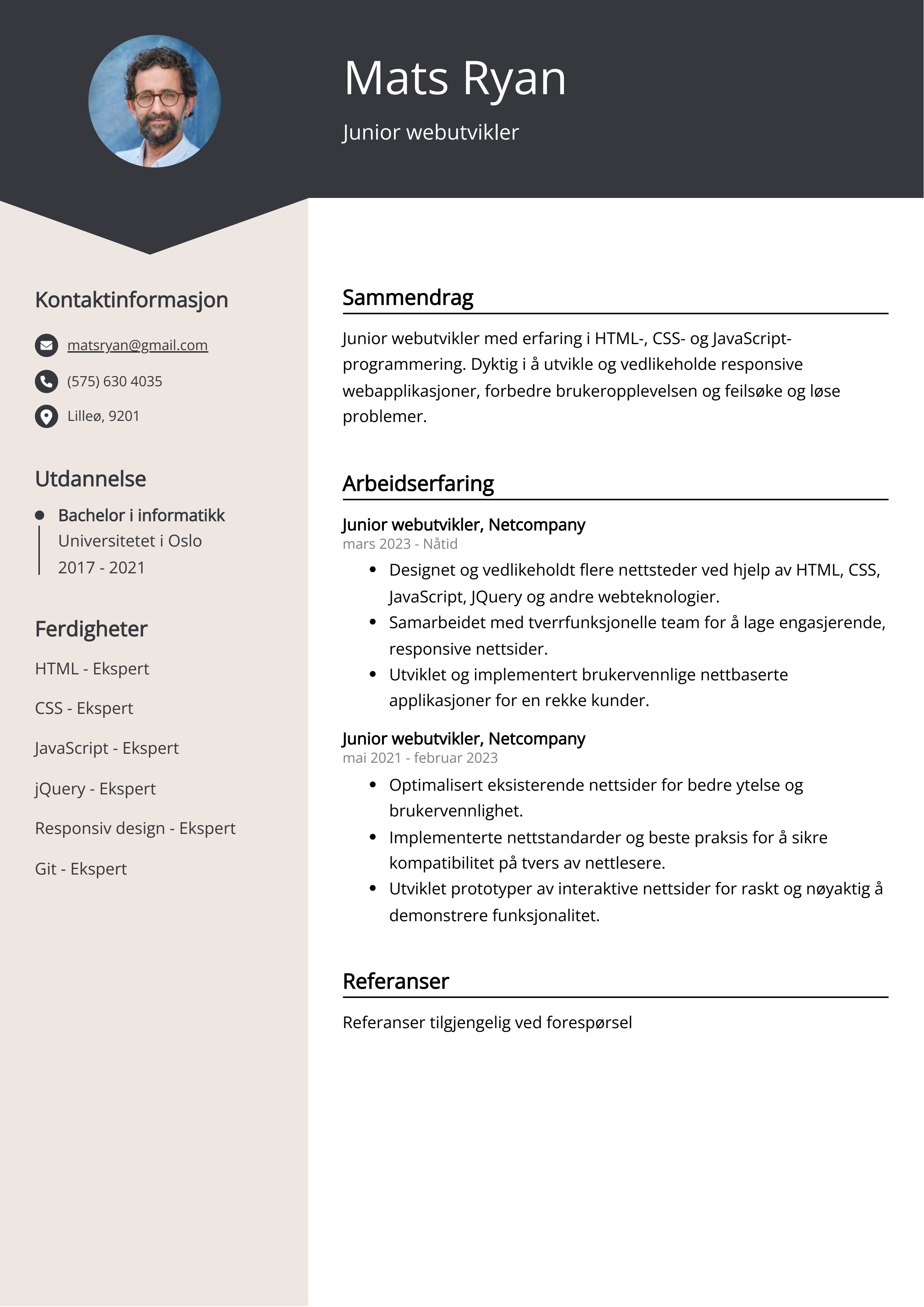 Junior webutvikler CV-eksempel