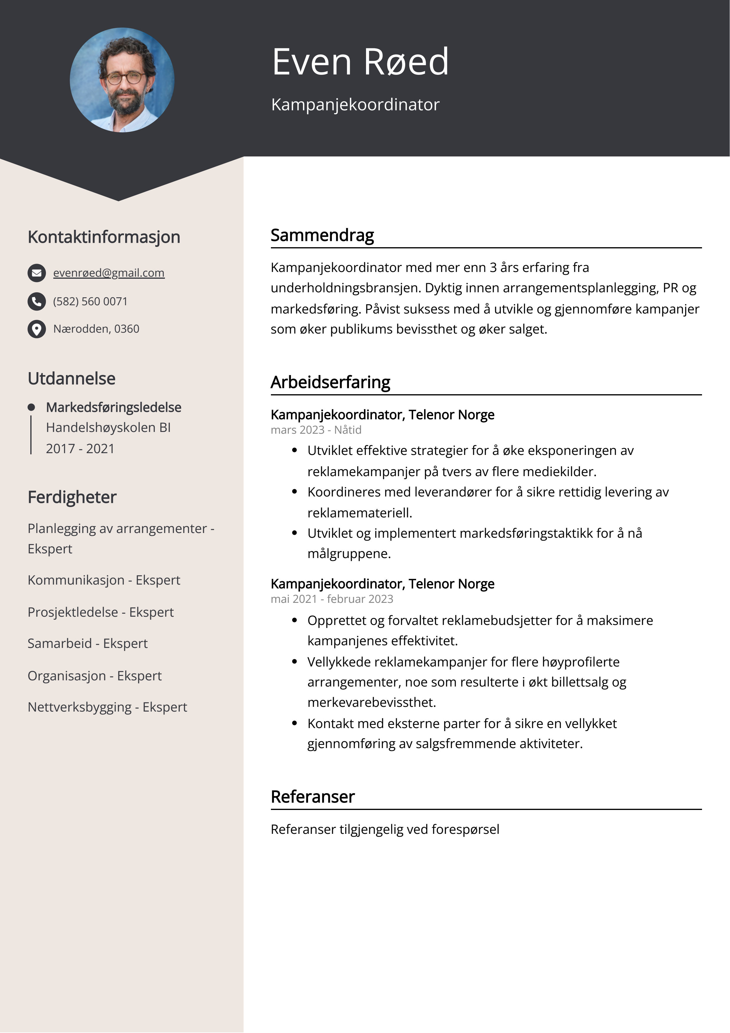 Eksempel på CV for kampanjekoordinator