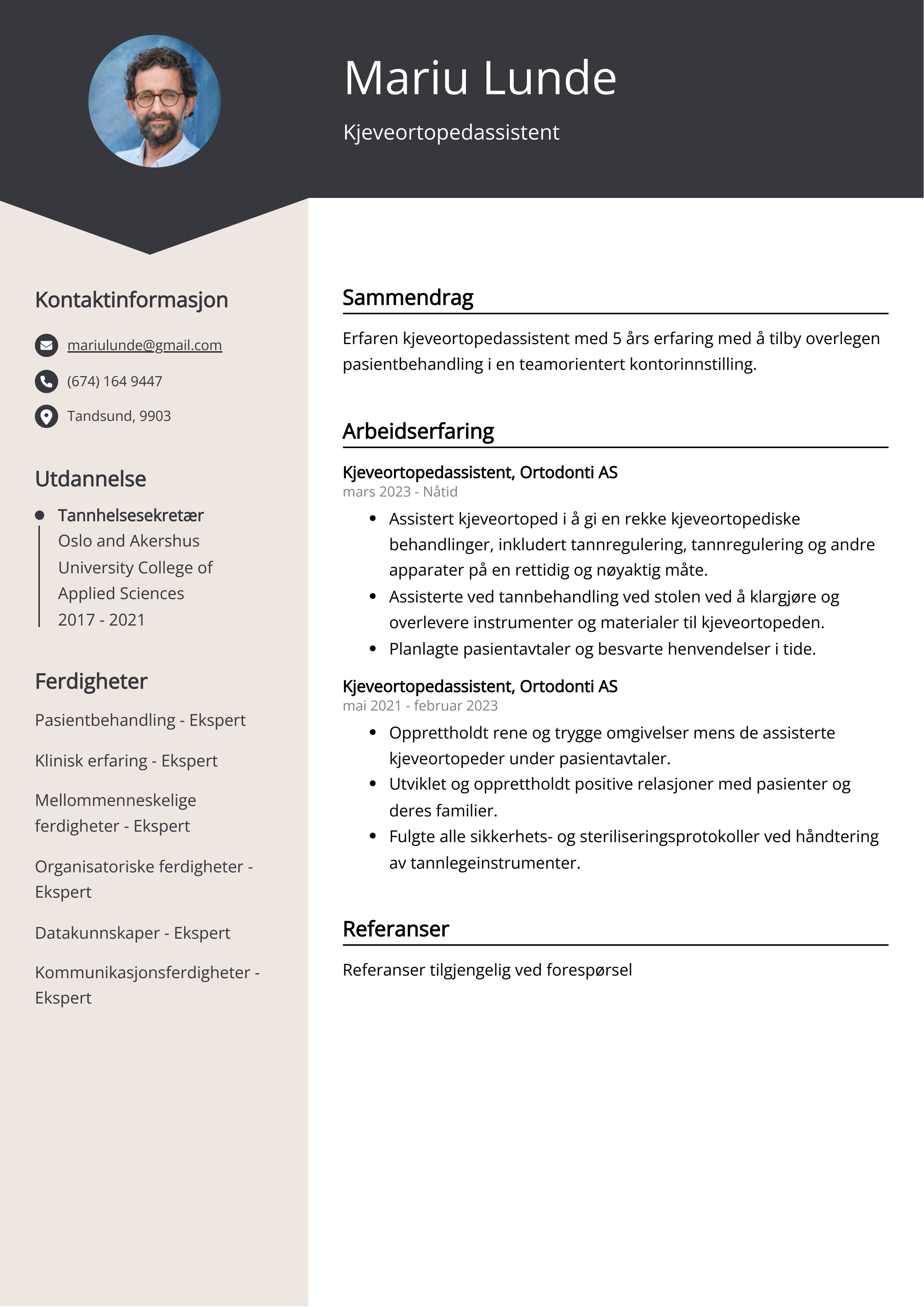 Kjeveortopedassistent CV Eksempel