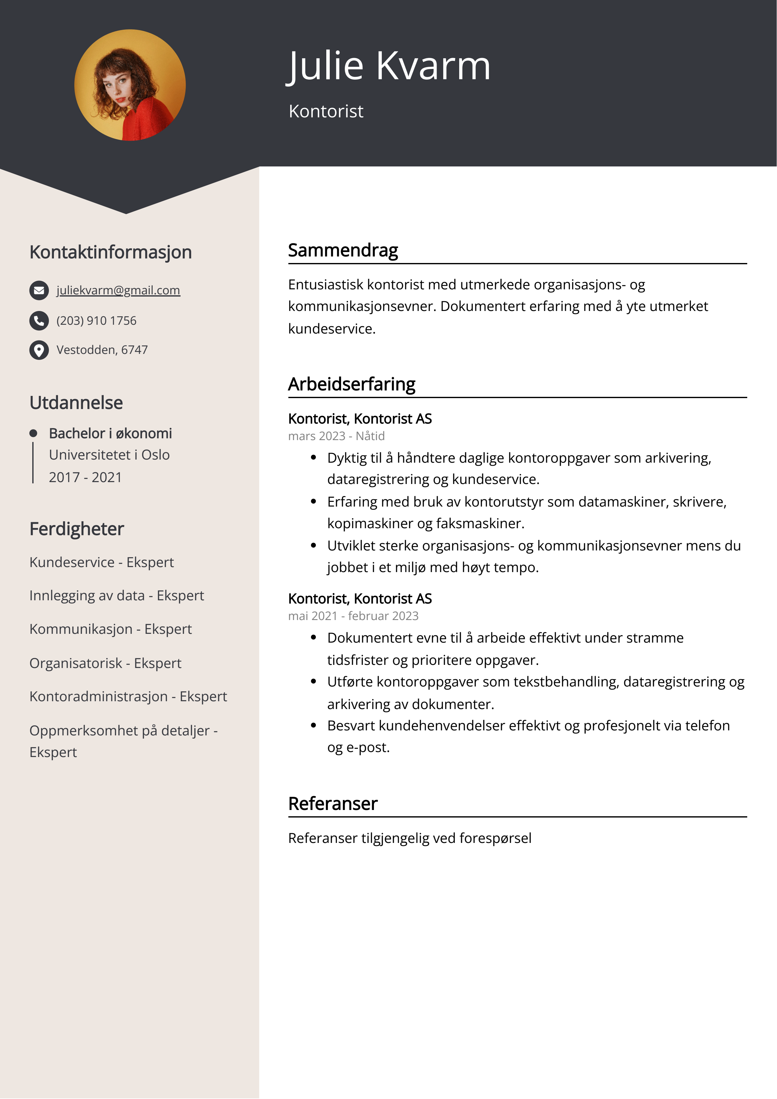 Eksempel på CV for kontorist