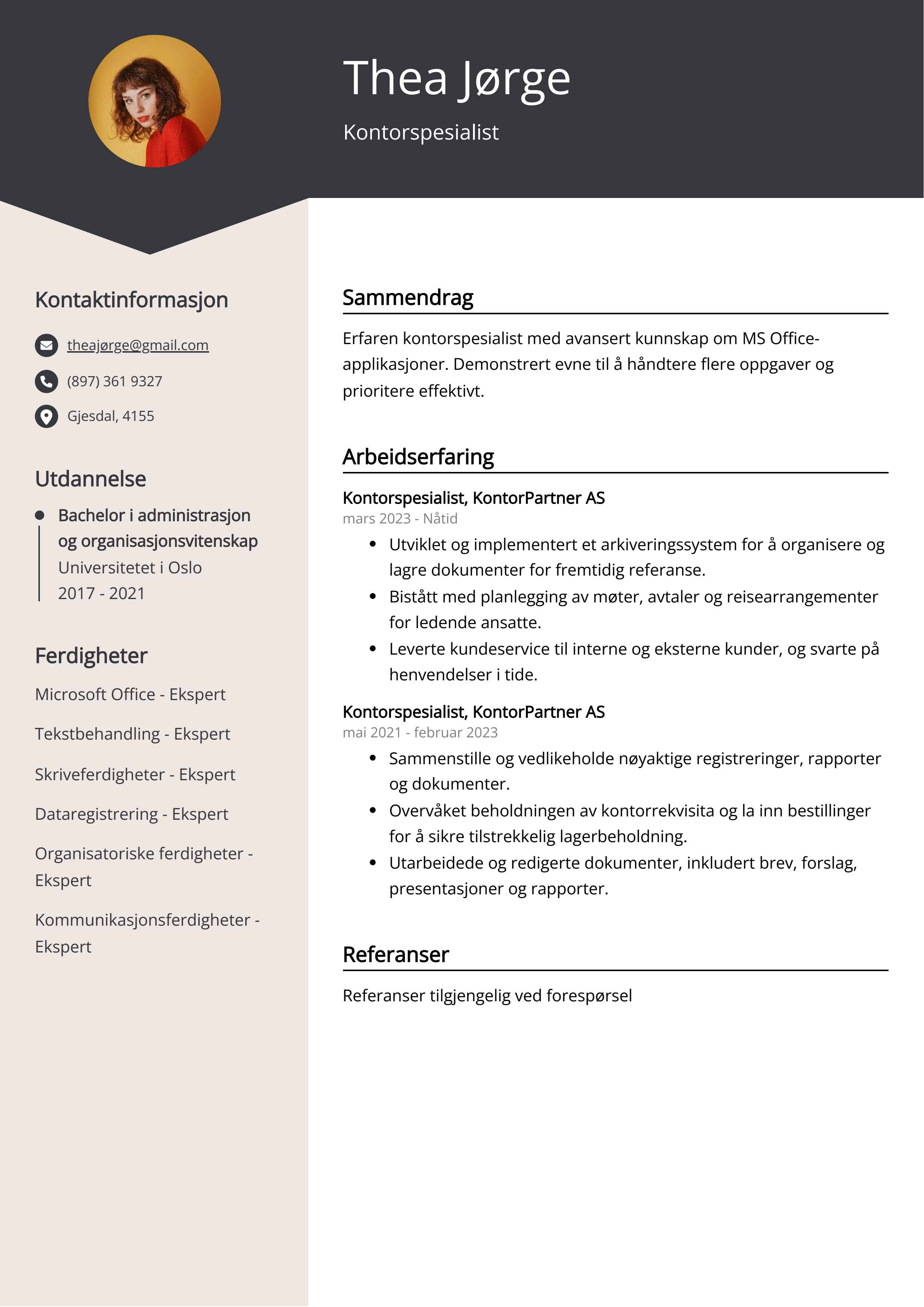 Eksempel på CV for kontorspesialist