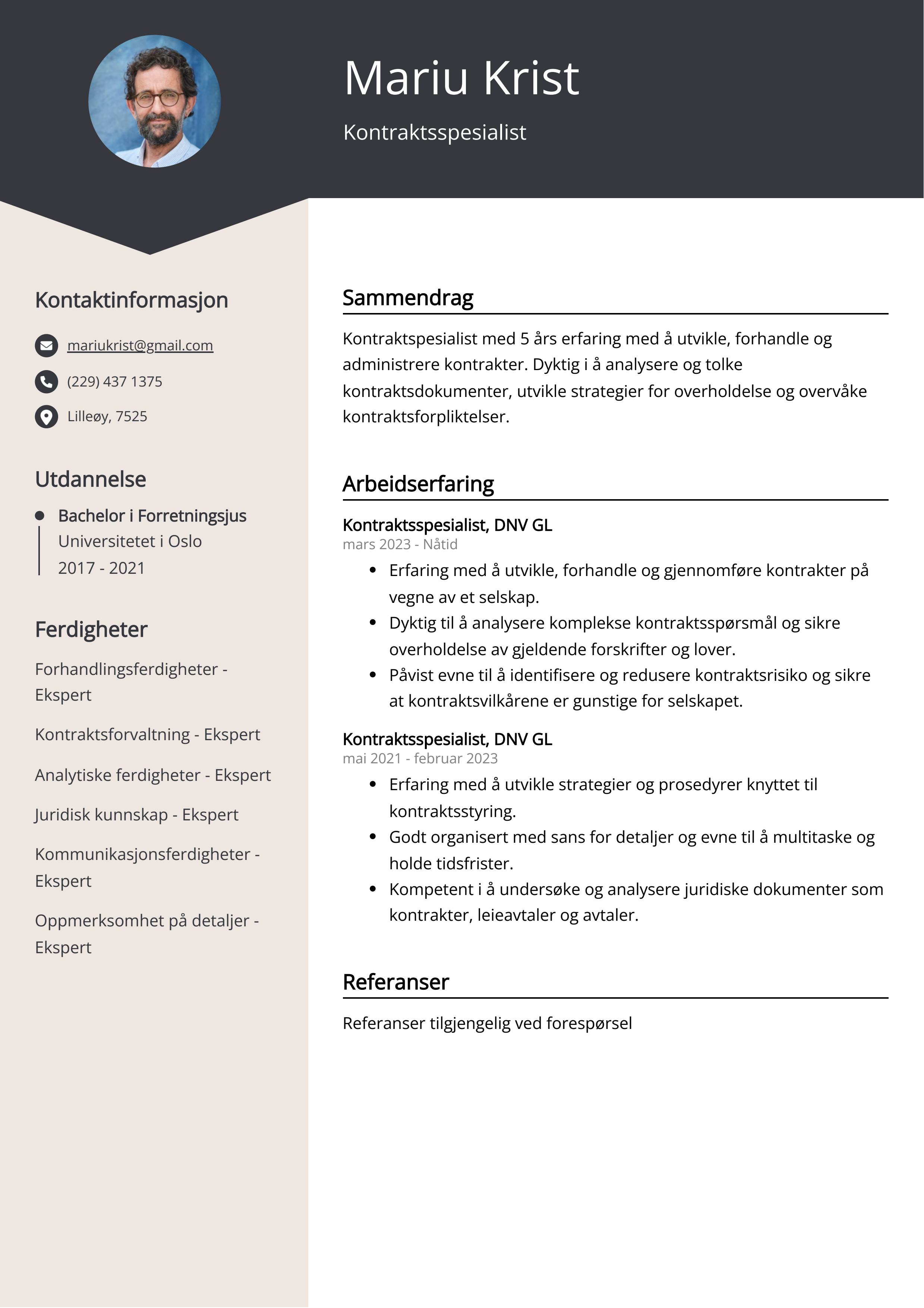 Kontraktsspesialist CV-eksempel