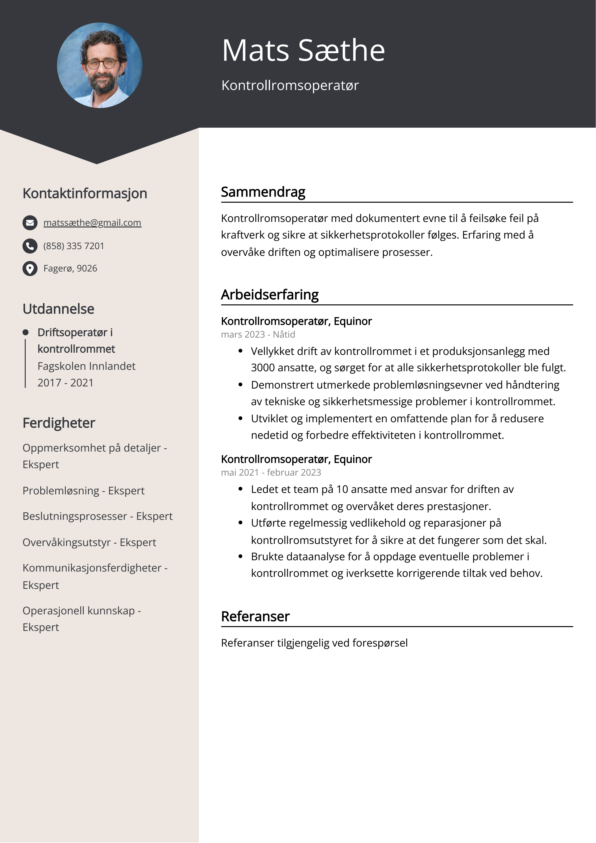 Kontrollromsoperatør CV-eksempel