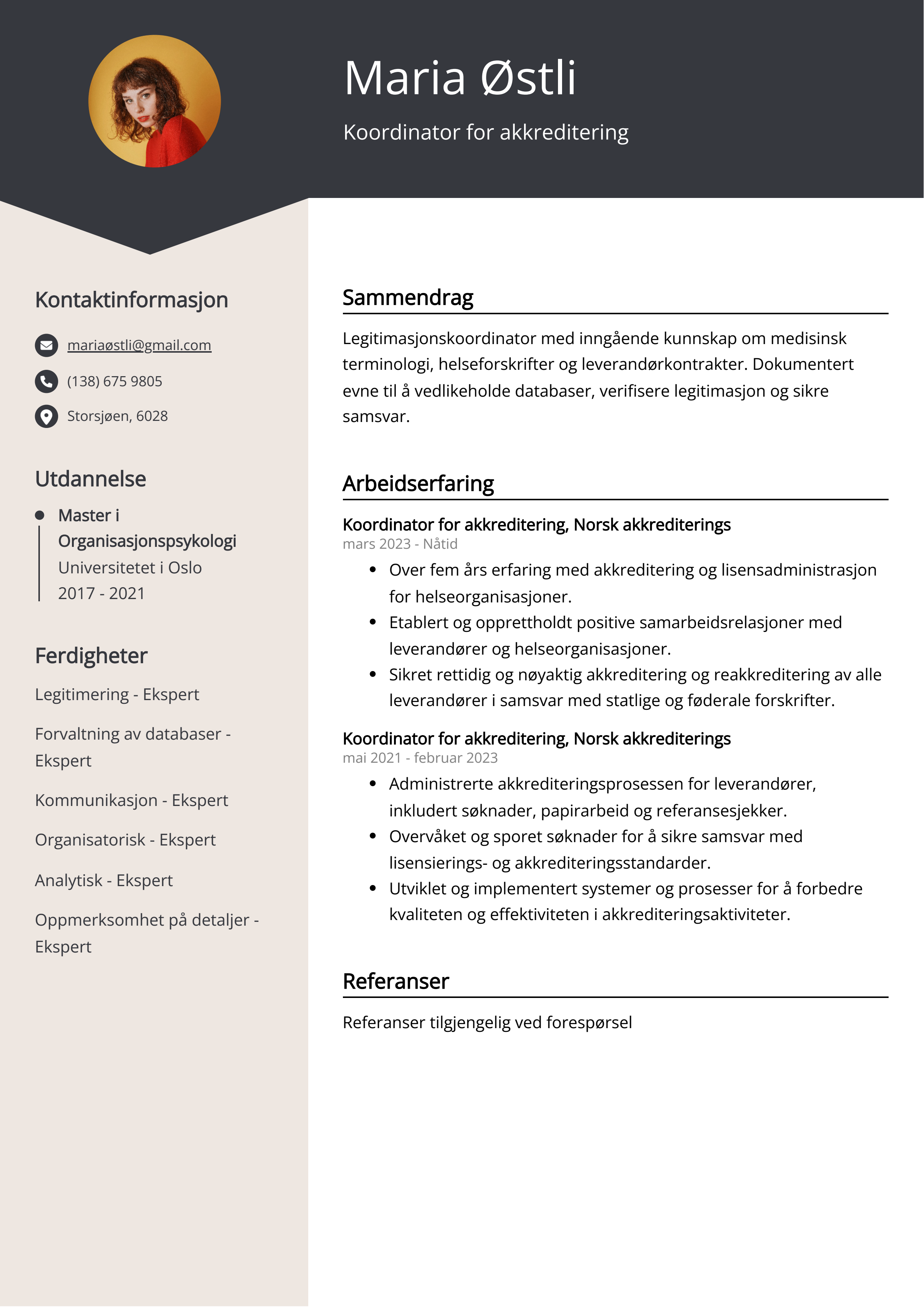 Koordinator for akkreditering CV-eksempel