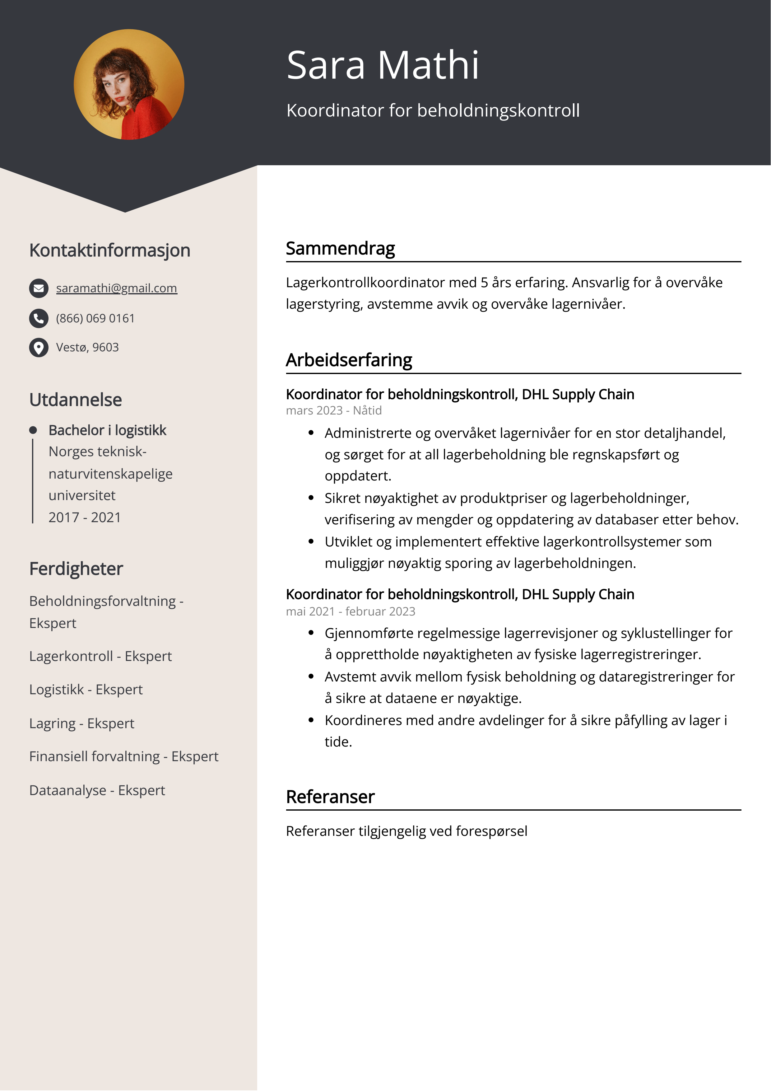 Koordinator for beholdningskontroll CV-eksempel