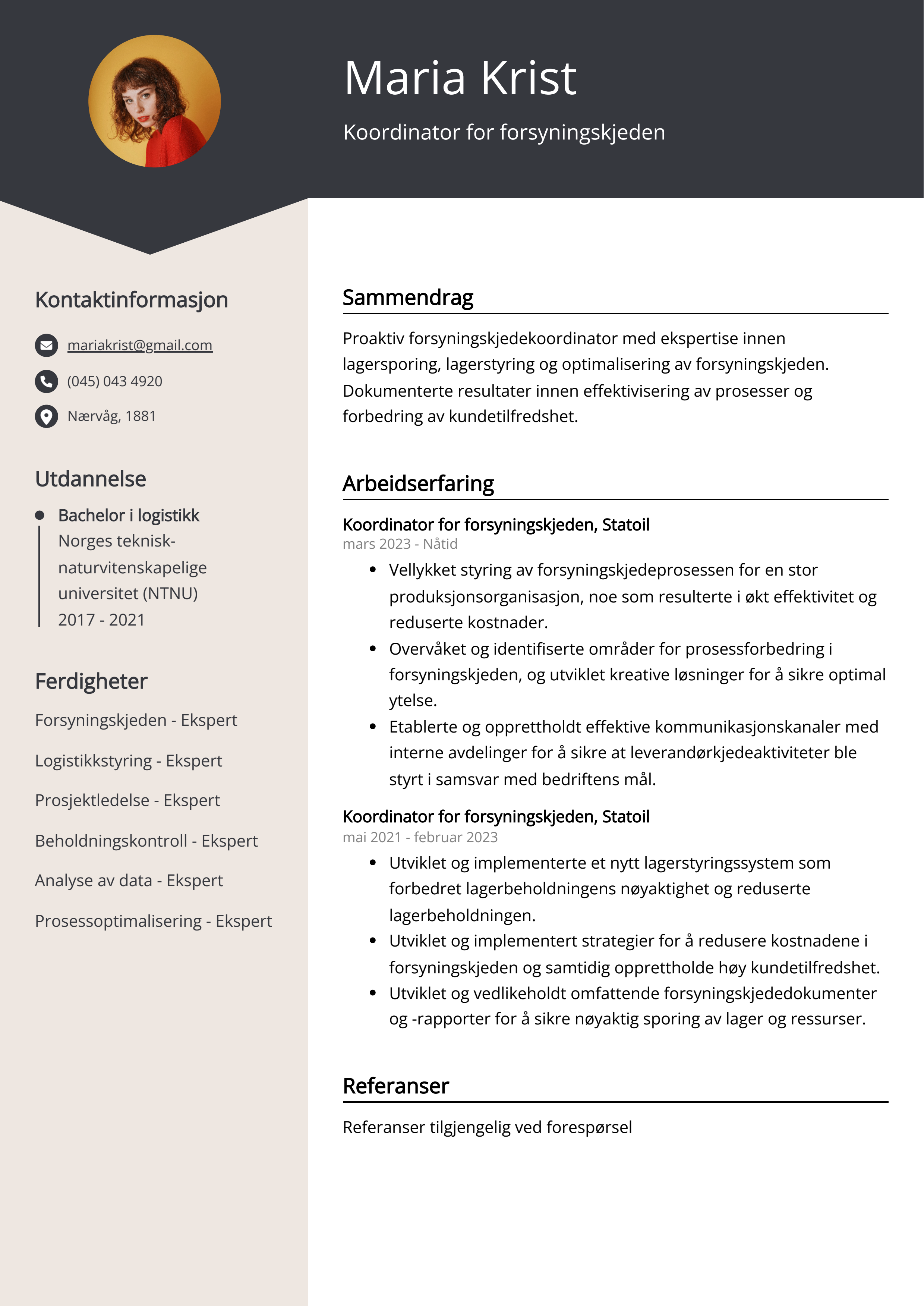 Koordinator for forsyningskjeden CV-eksempel