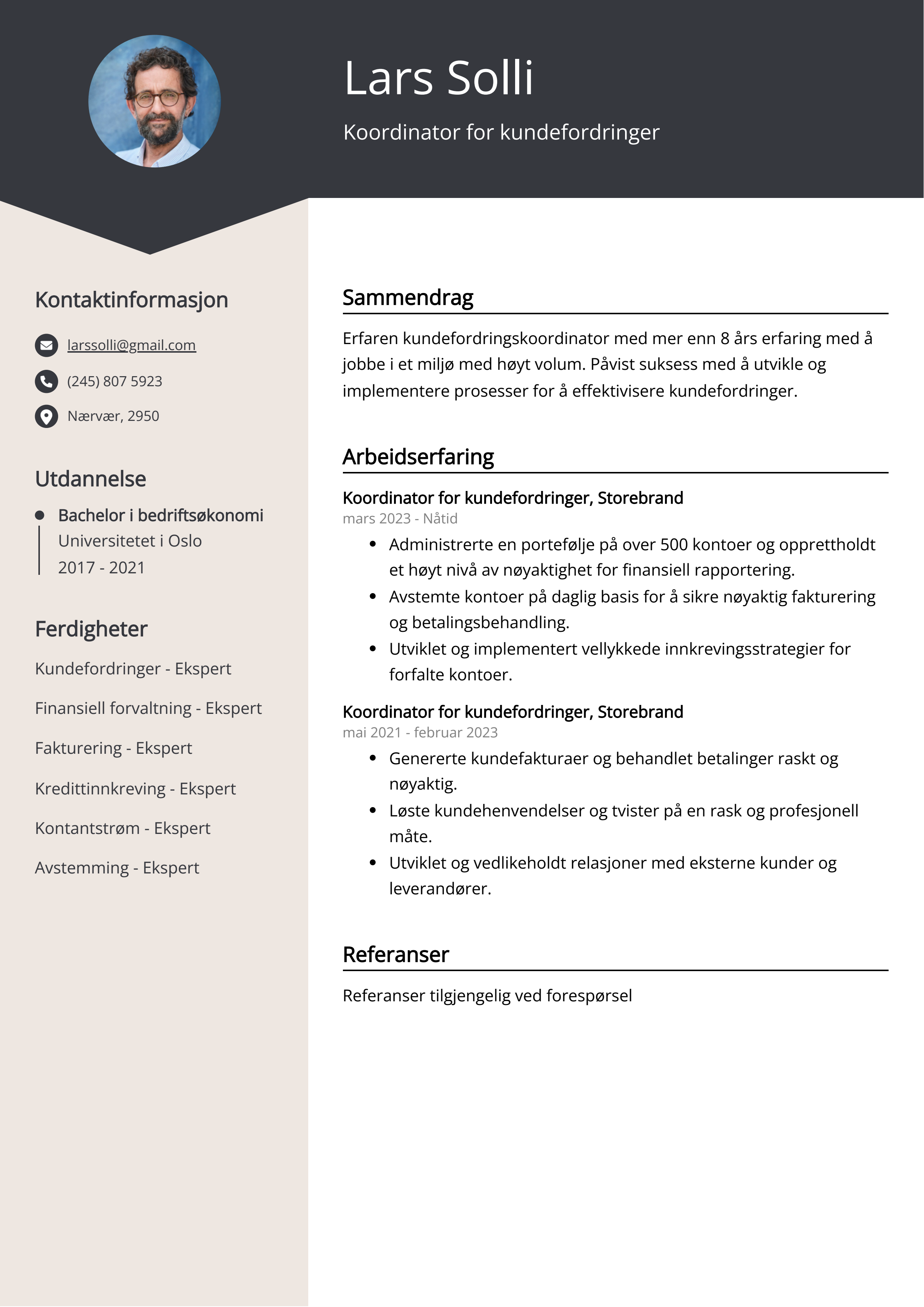 Koordinator for kundefordringer CV-eksempel