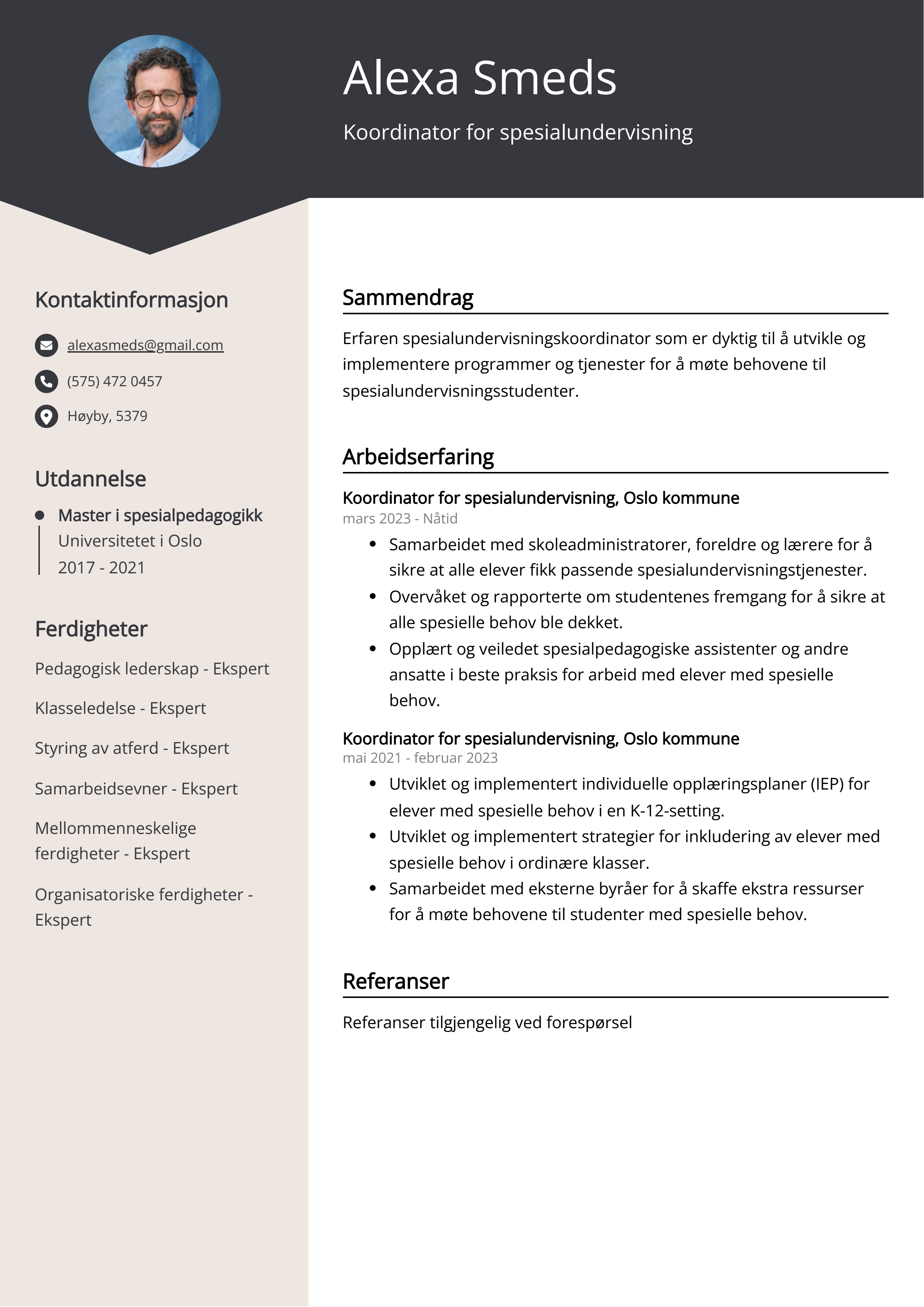 Koordinator for spesialundervisning CV-eksempel