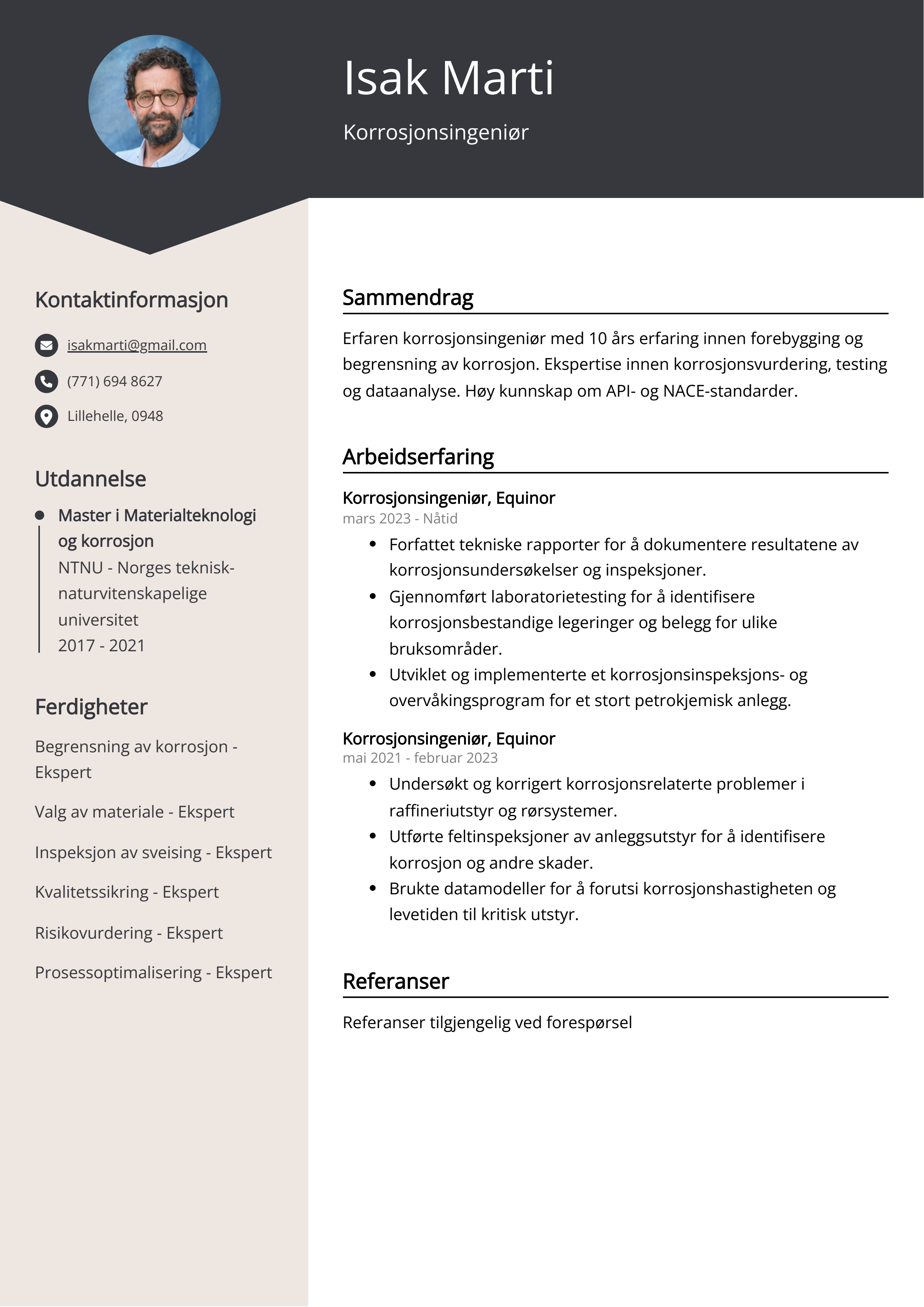 Korrosjonsingeniør CV-eksempel