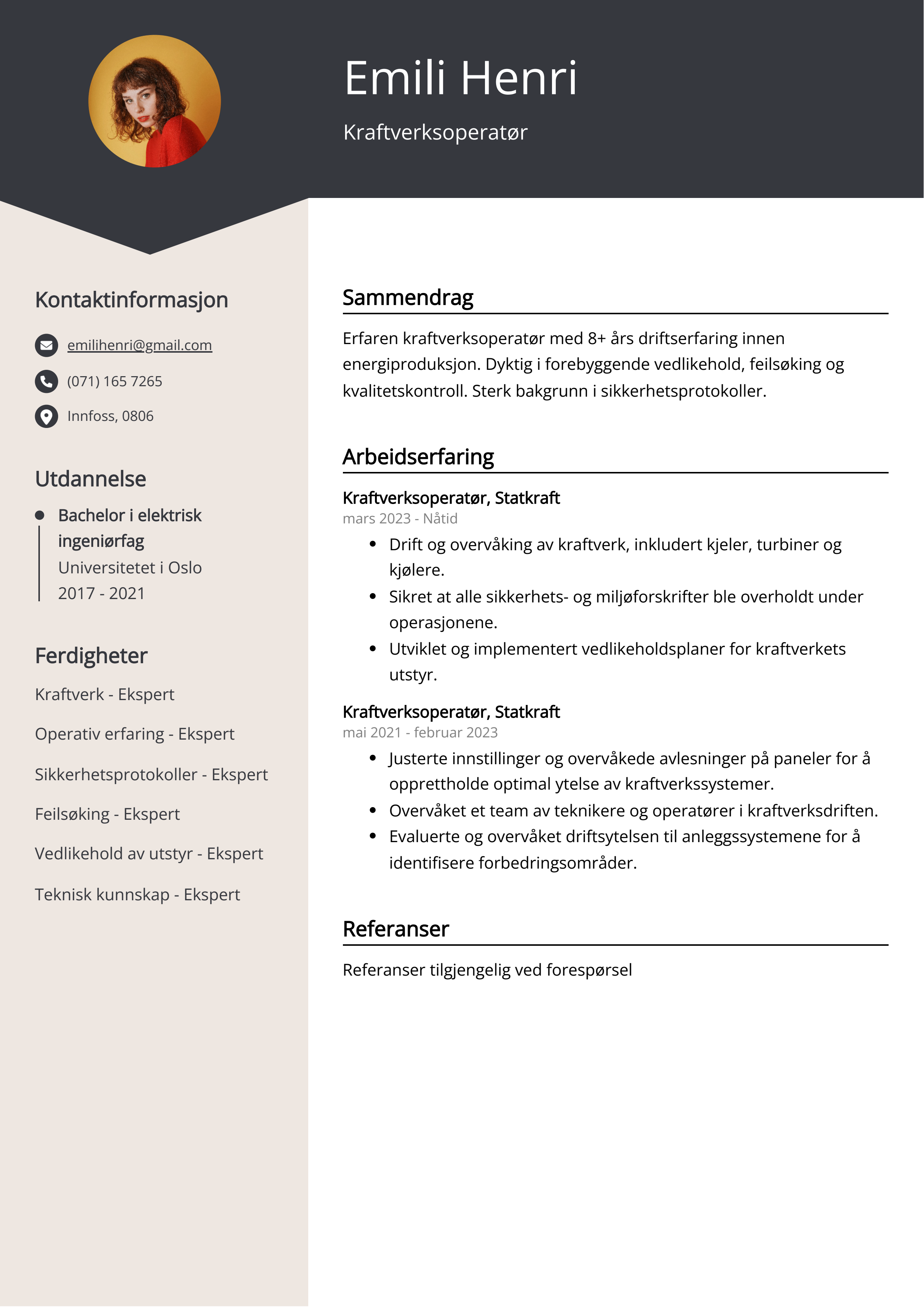 Kraftverksoperatør CV Eksempel