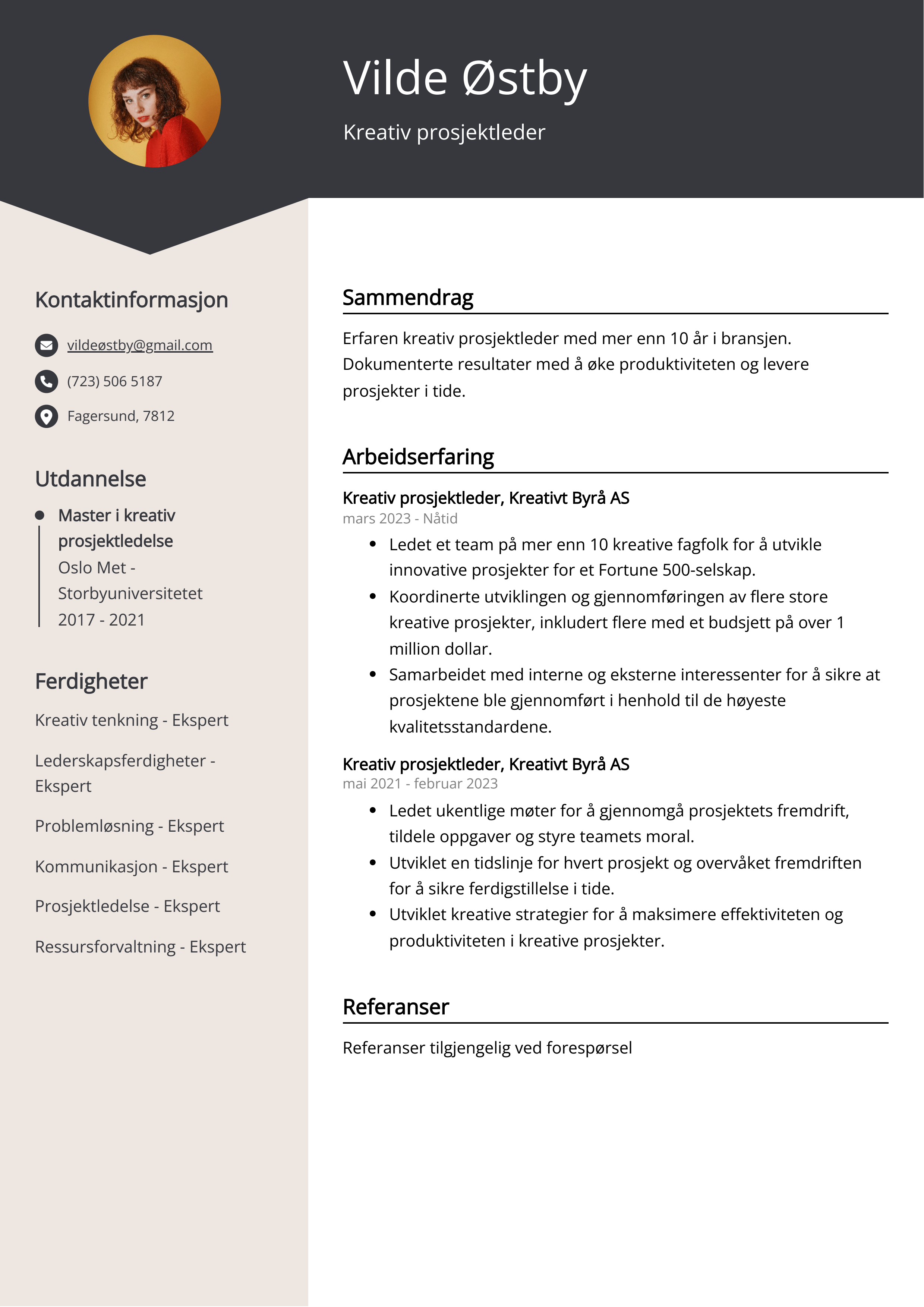 Kreativ prosjektleder CV Eksempel