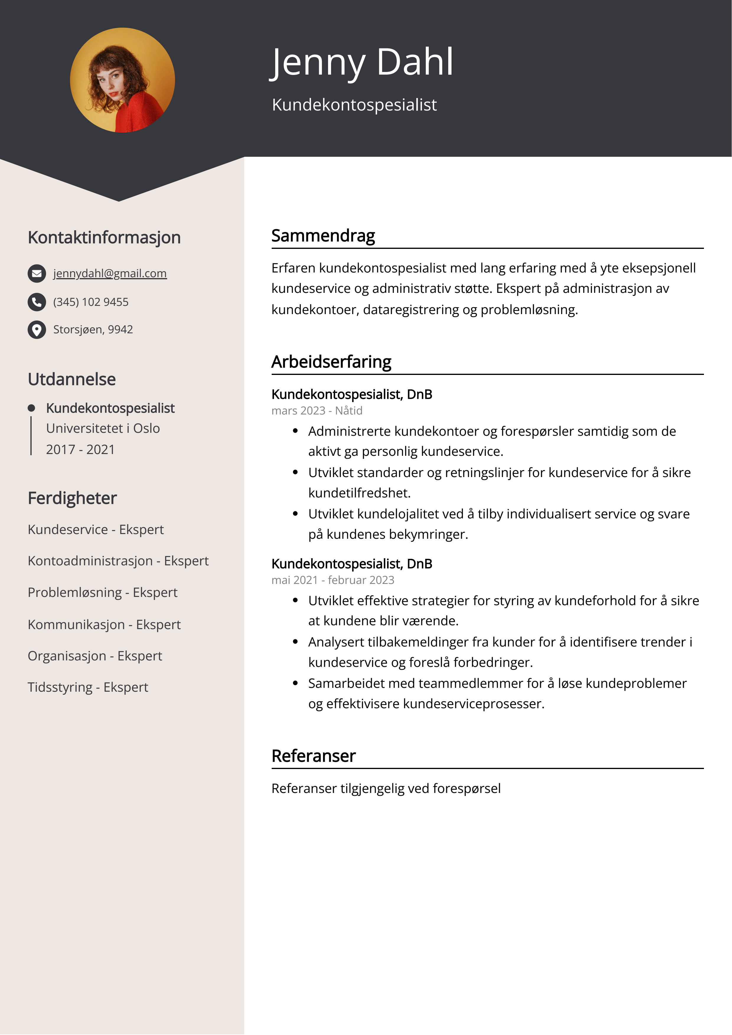 Eksempel på CV for kundekontospesialist