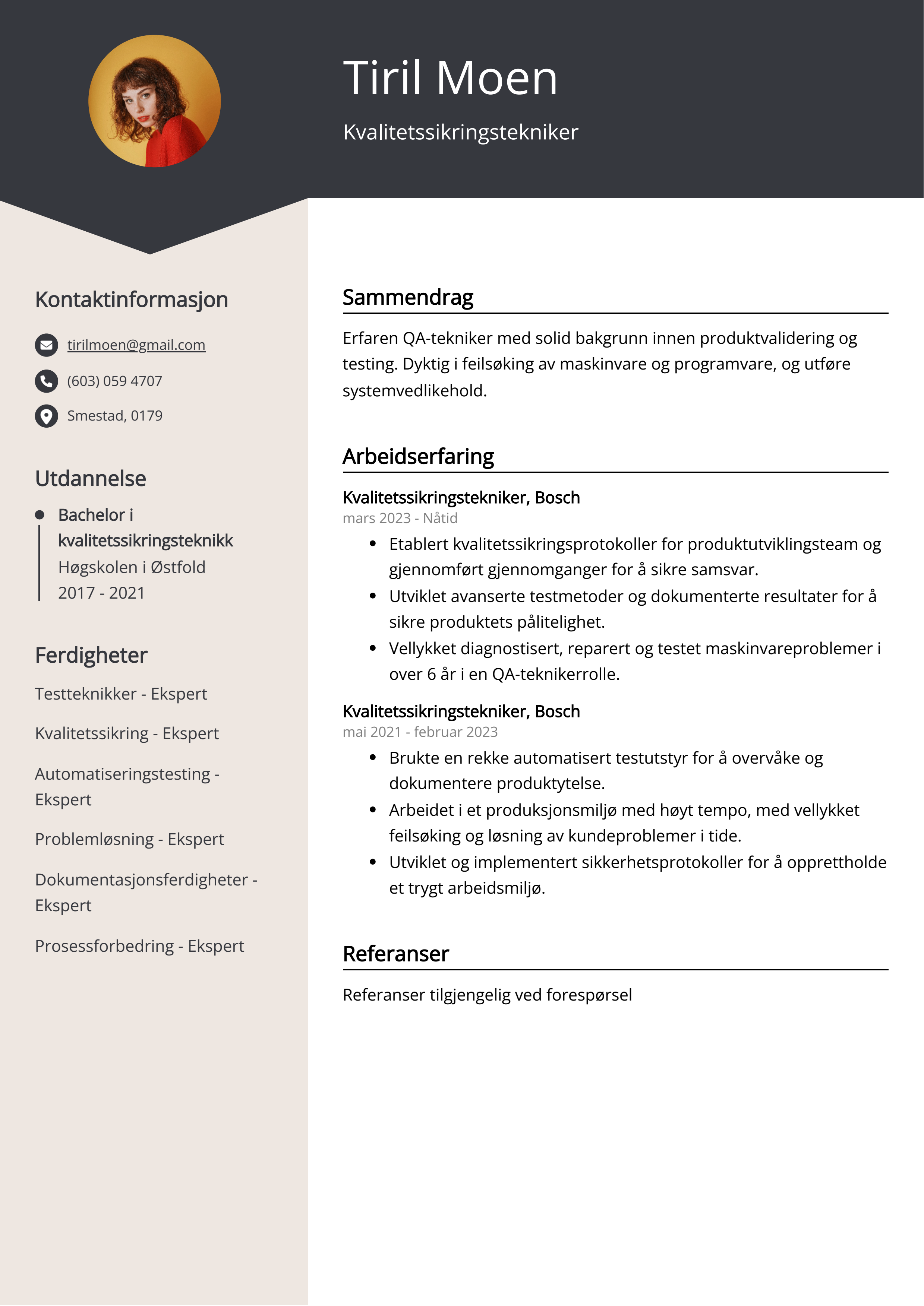 Eksempel på CV for kvalitetssikringstekniker