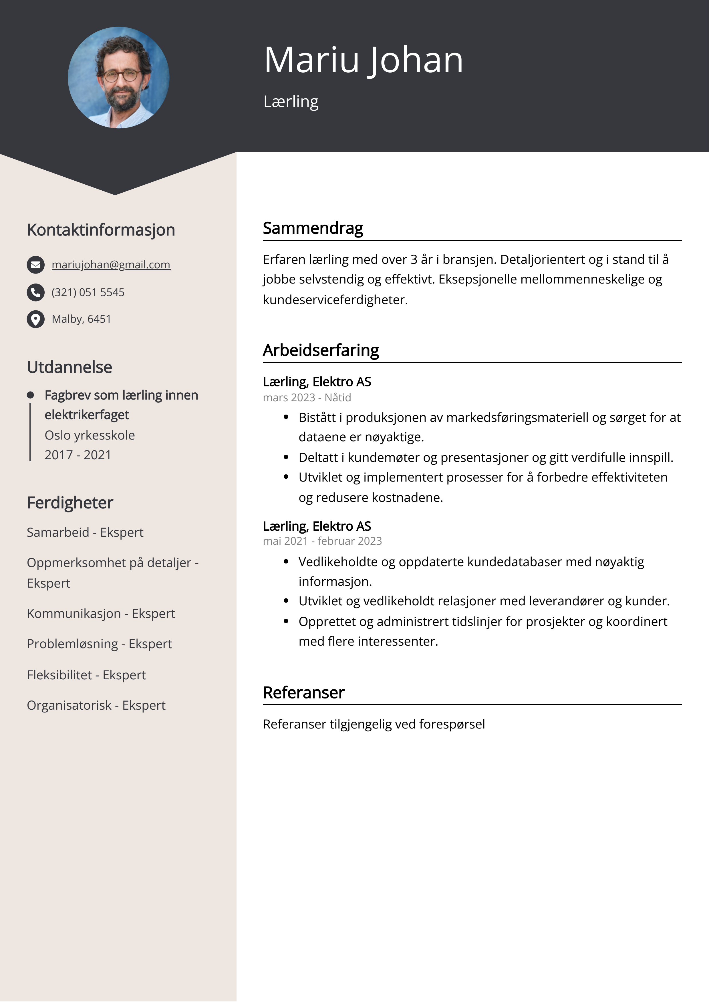 Lærling CV-eksempel