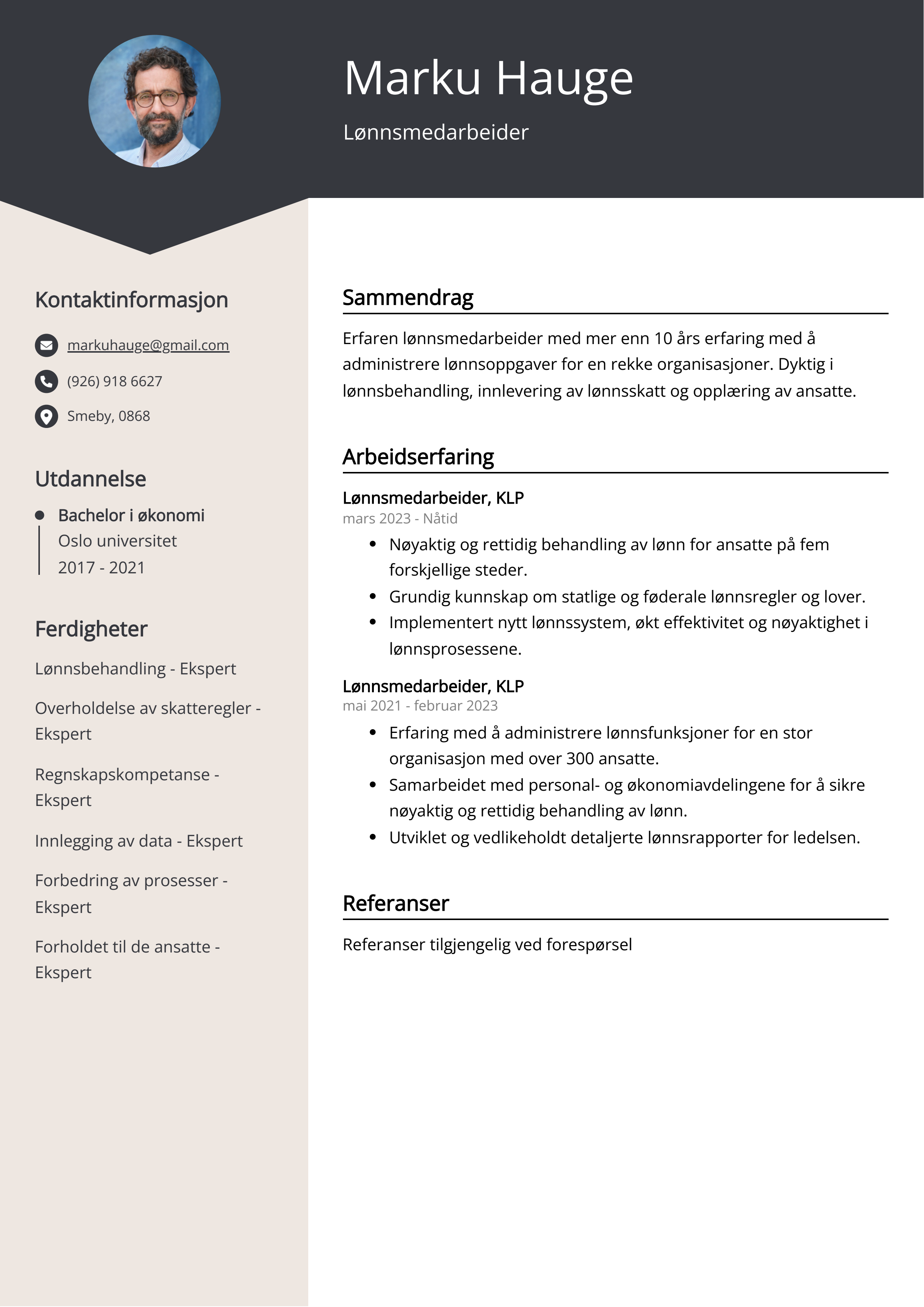 Lønnsmedarbeider CV Eksempel