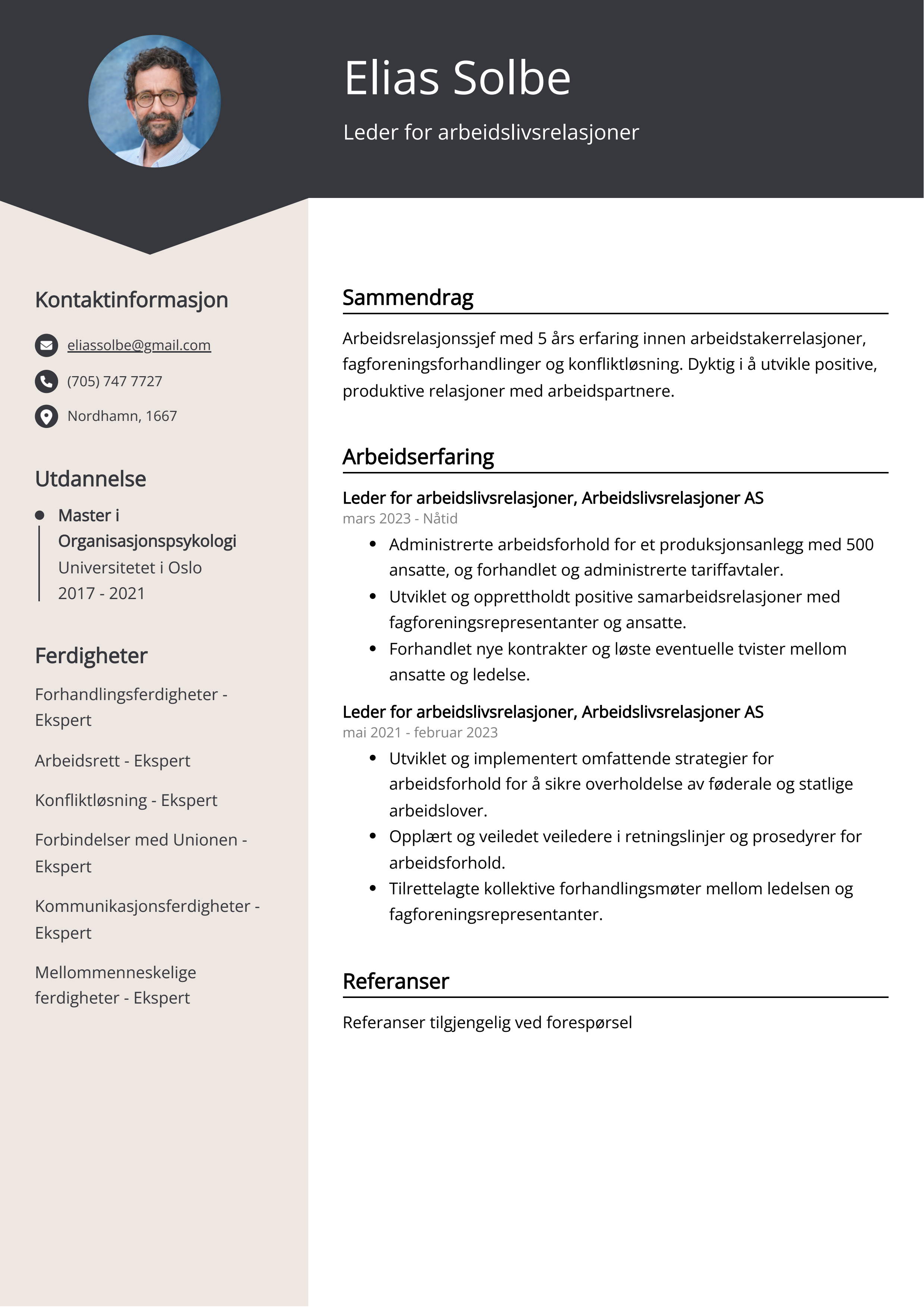 Leder for arbeidslivsrelasjoner CV Eksempel