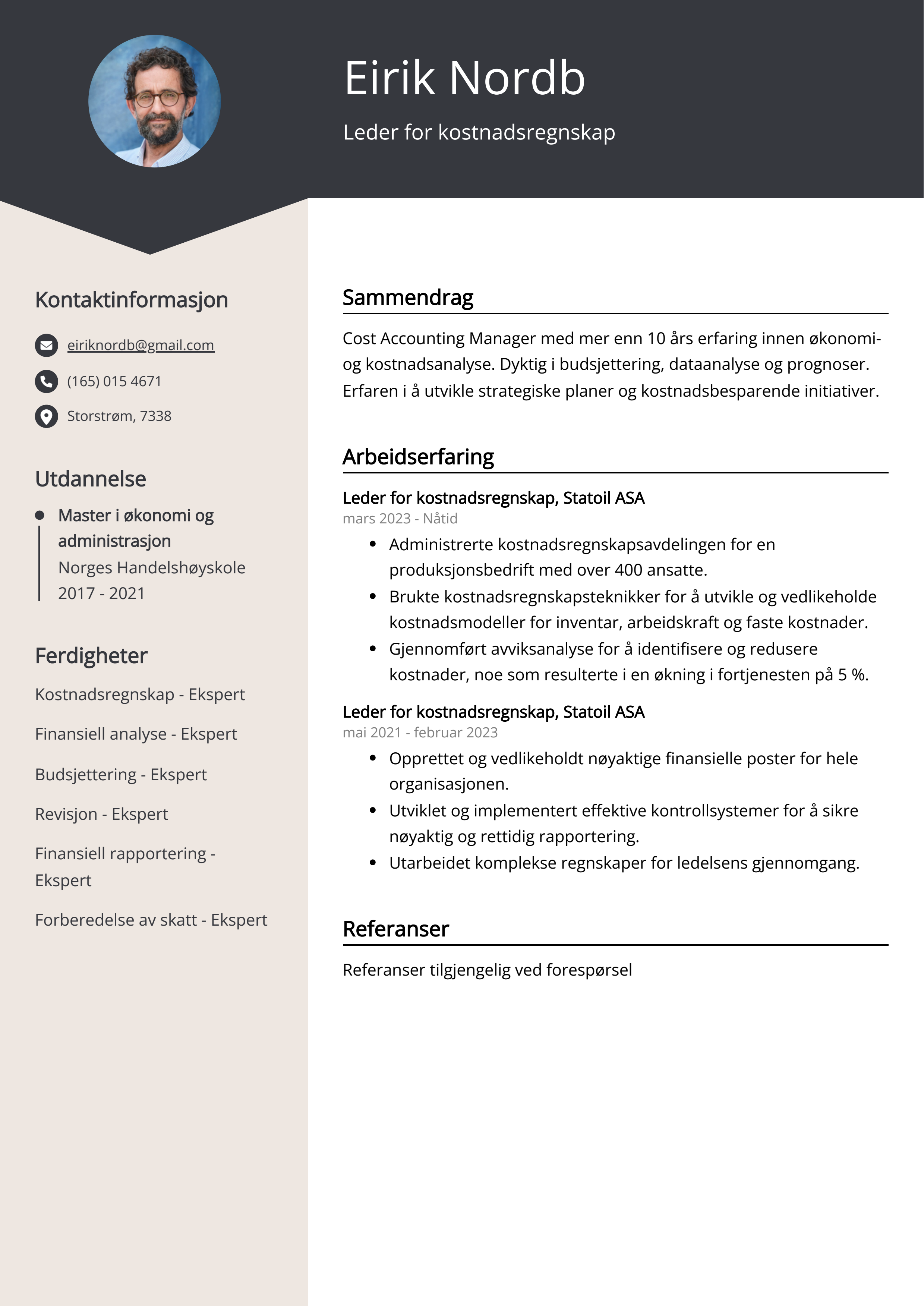 Leder for kostnadsregnskap CV Eksempel