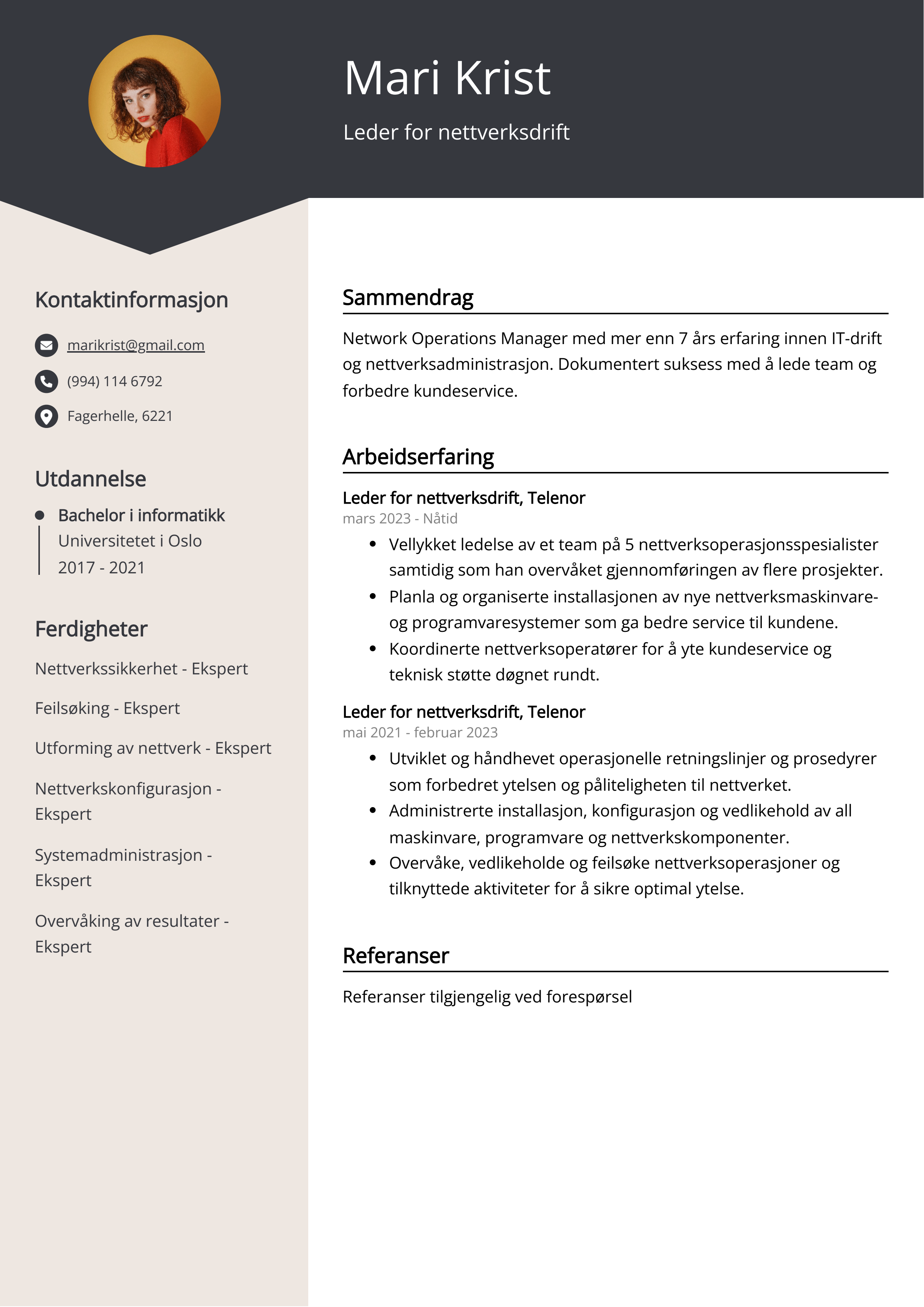 Leder for nettverksdrift CV Eksempel