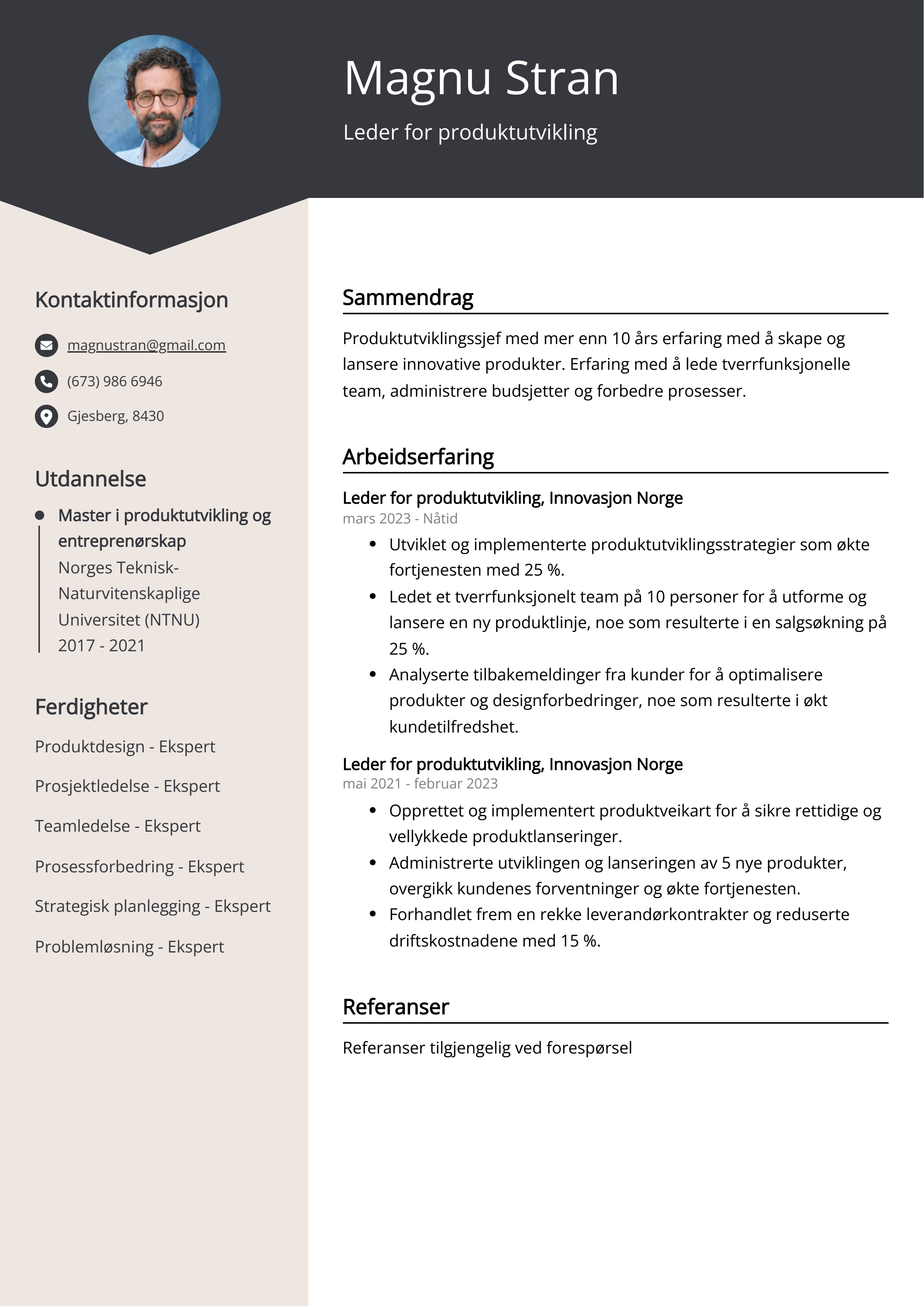 Leder for produktutvikling CV Eksempel