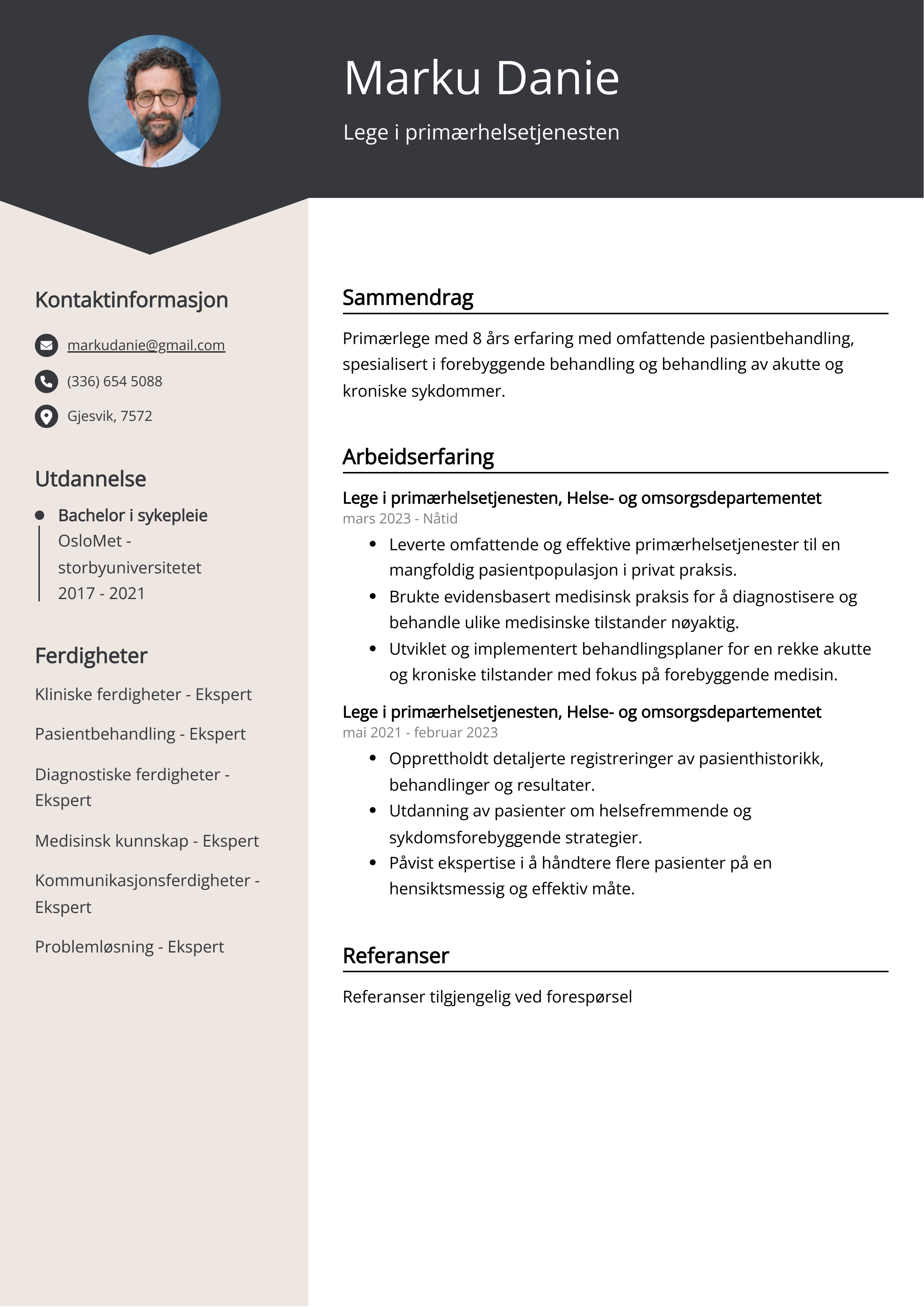 Lege i primærhelsetjenesten CV Eksempel