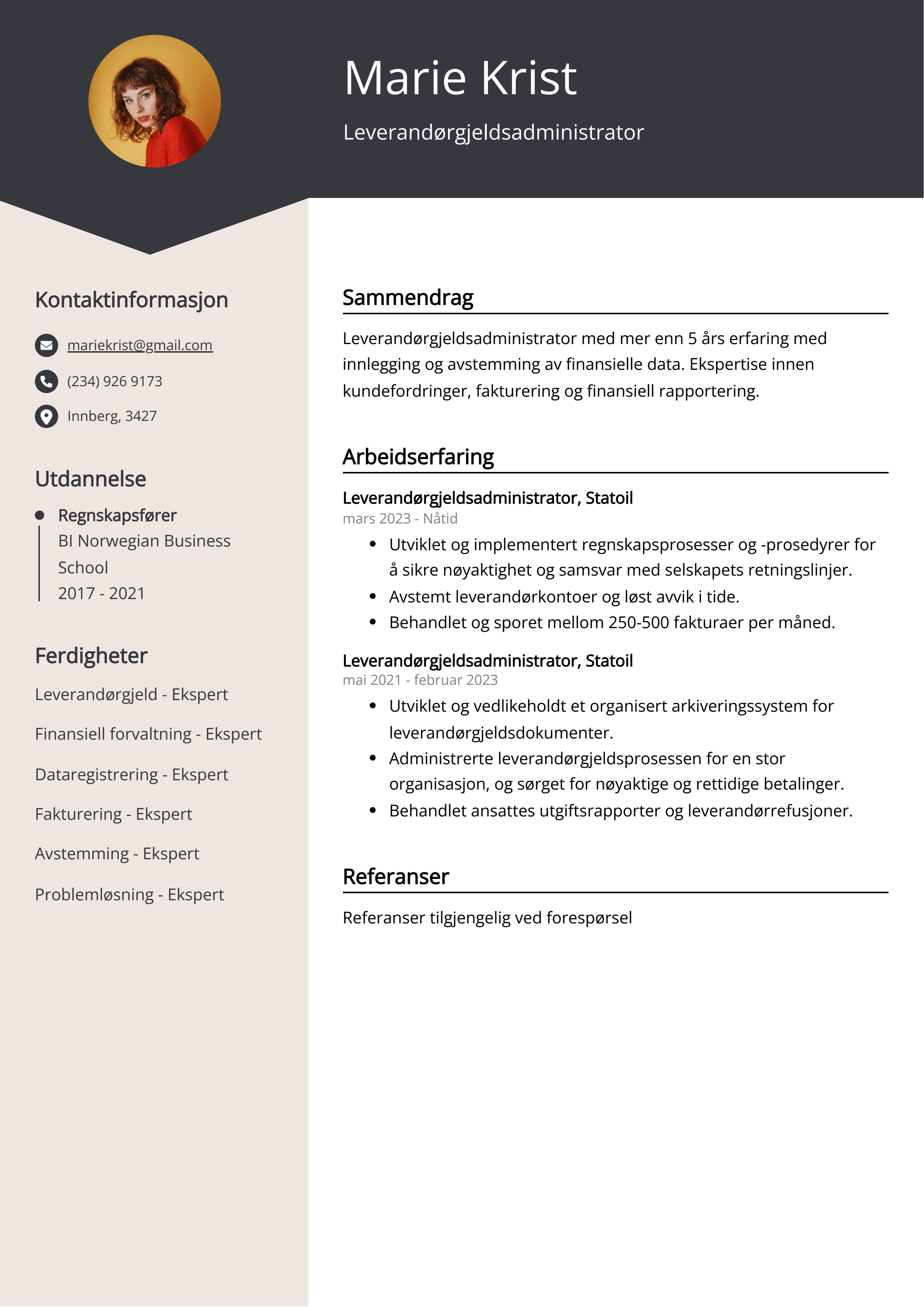 Leverandørgjeldsadministrator CV-eksempel