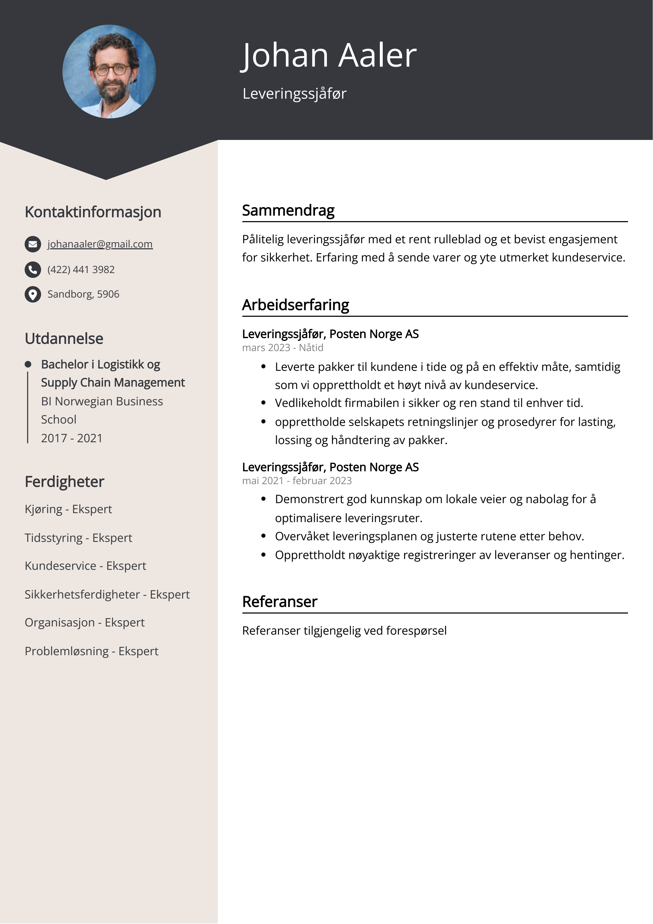 Leveringssjåfør CV-eksempel