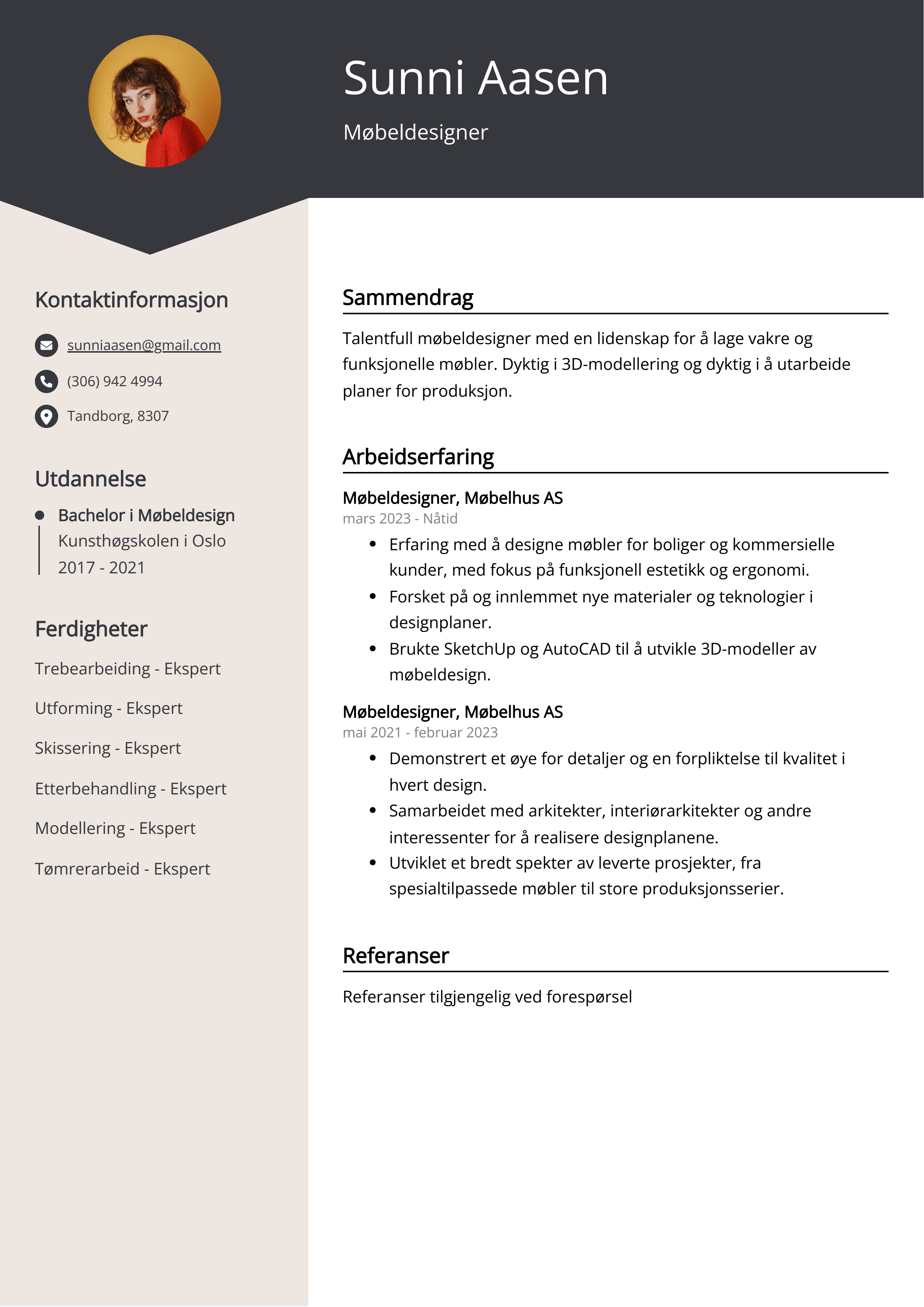 Møbeldesigner CV Eksempel