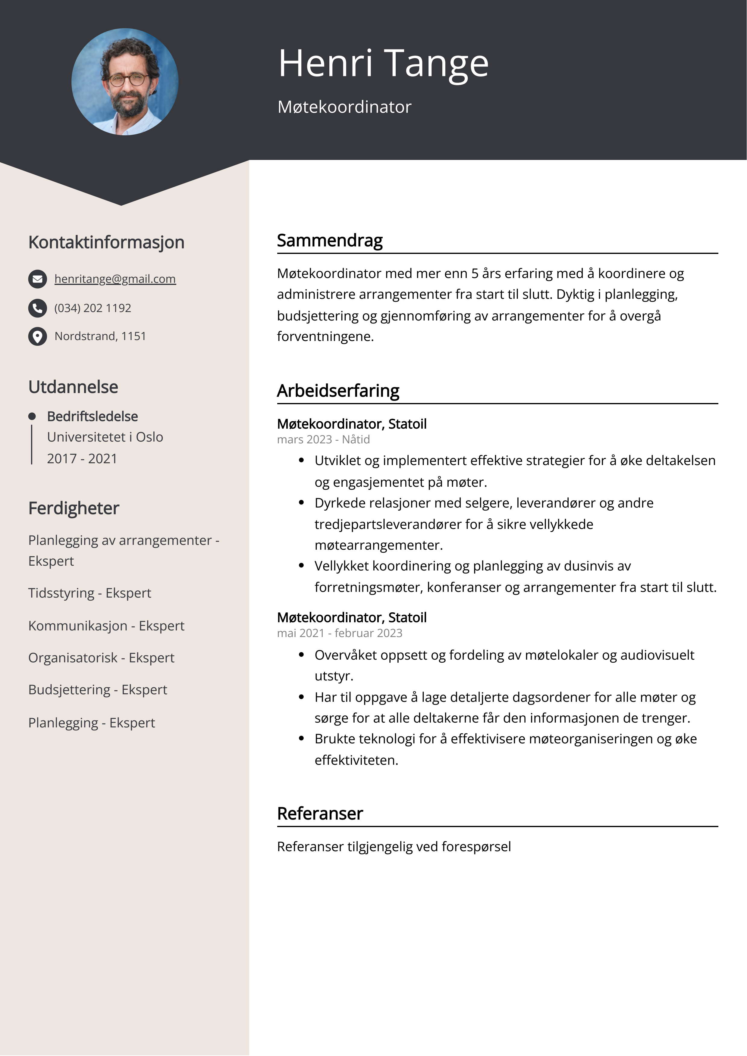 Eksempel på CV for Møtekoordinator