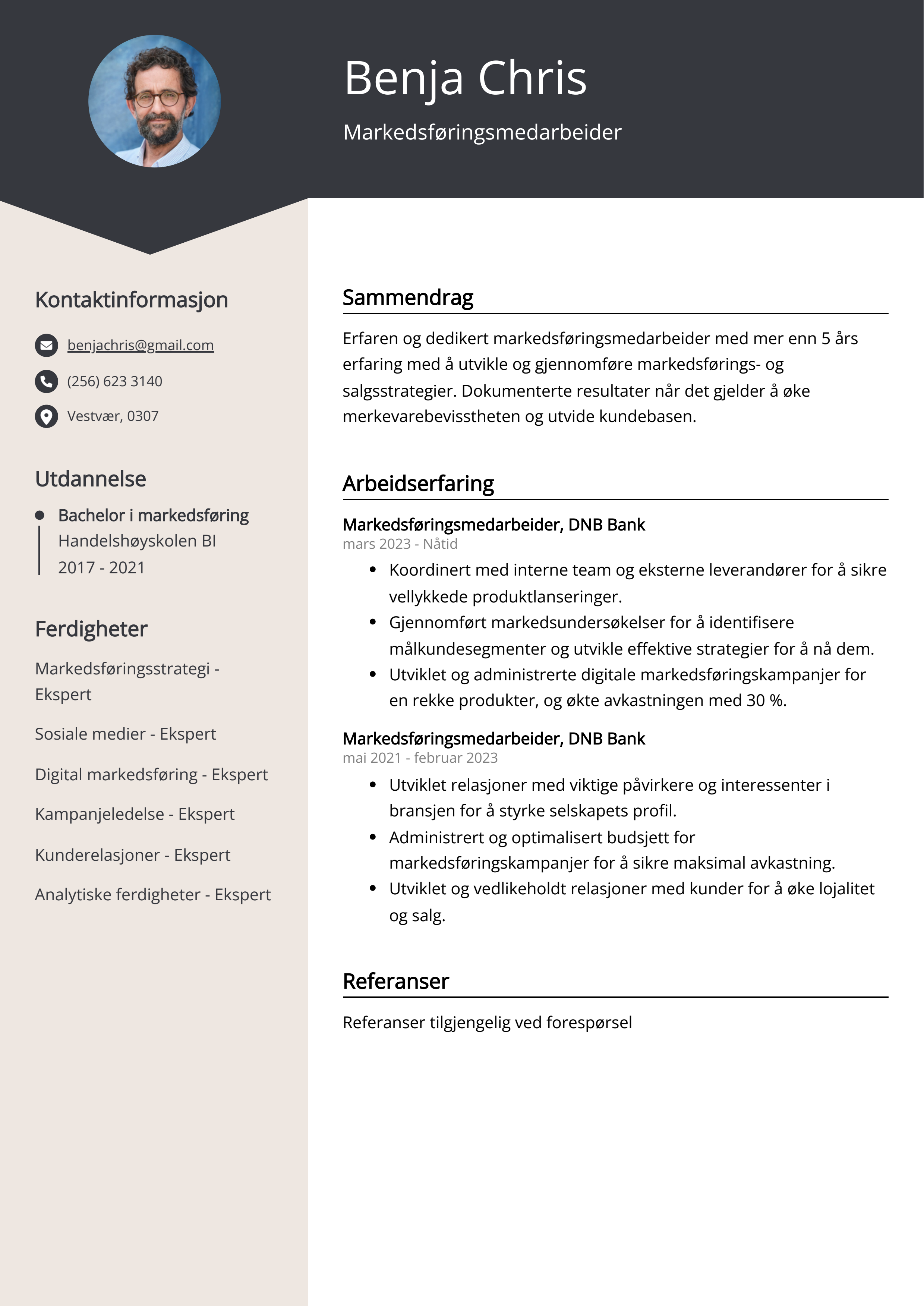 Markedsføringsmedarbeider CV Eksempel