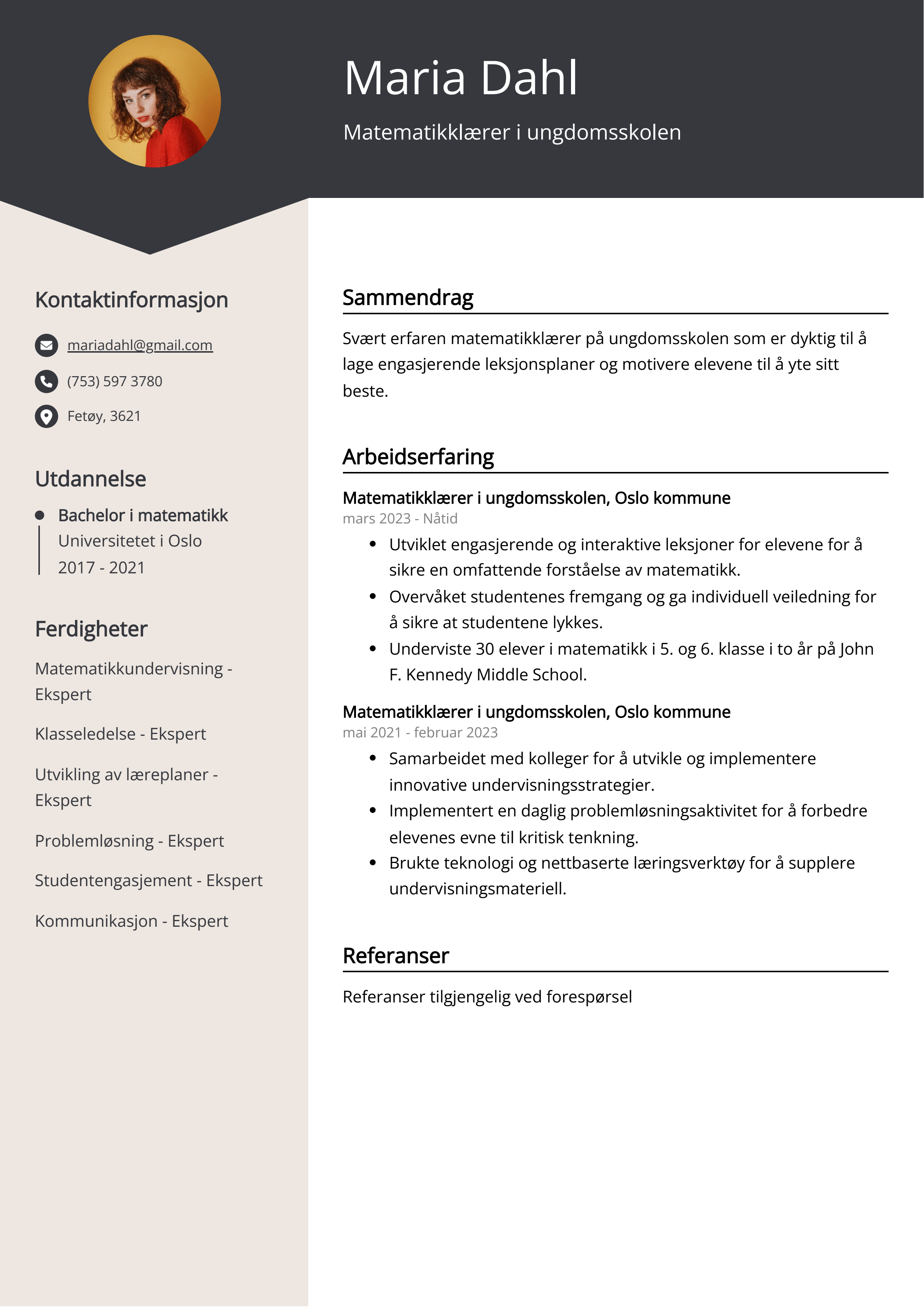 Matematikklærer i ungdomsskolen CV Eksempel