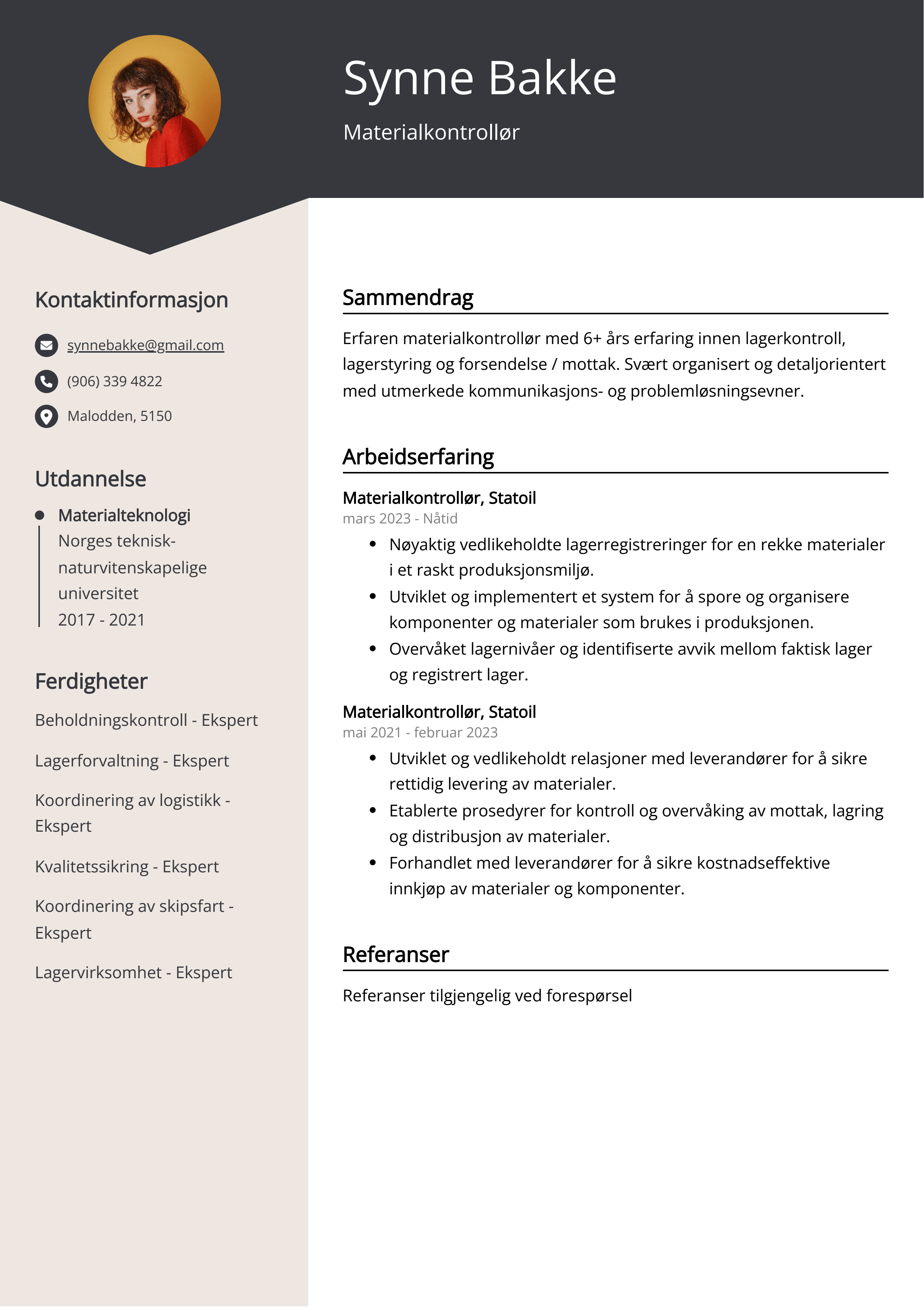 Eksempel på CV for materialkontrollør