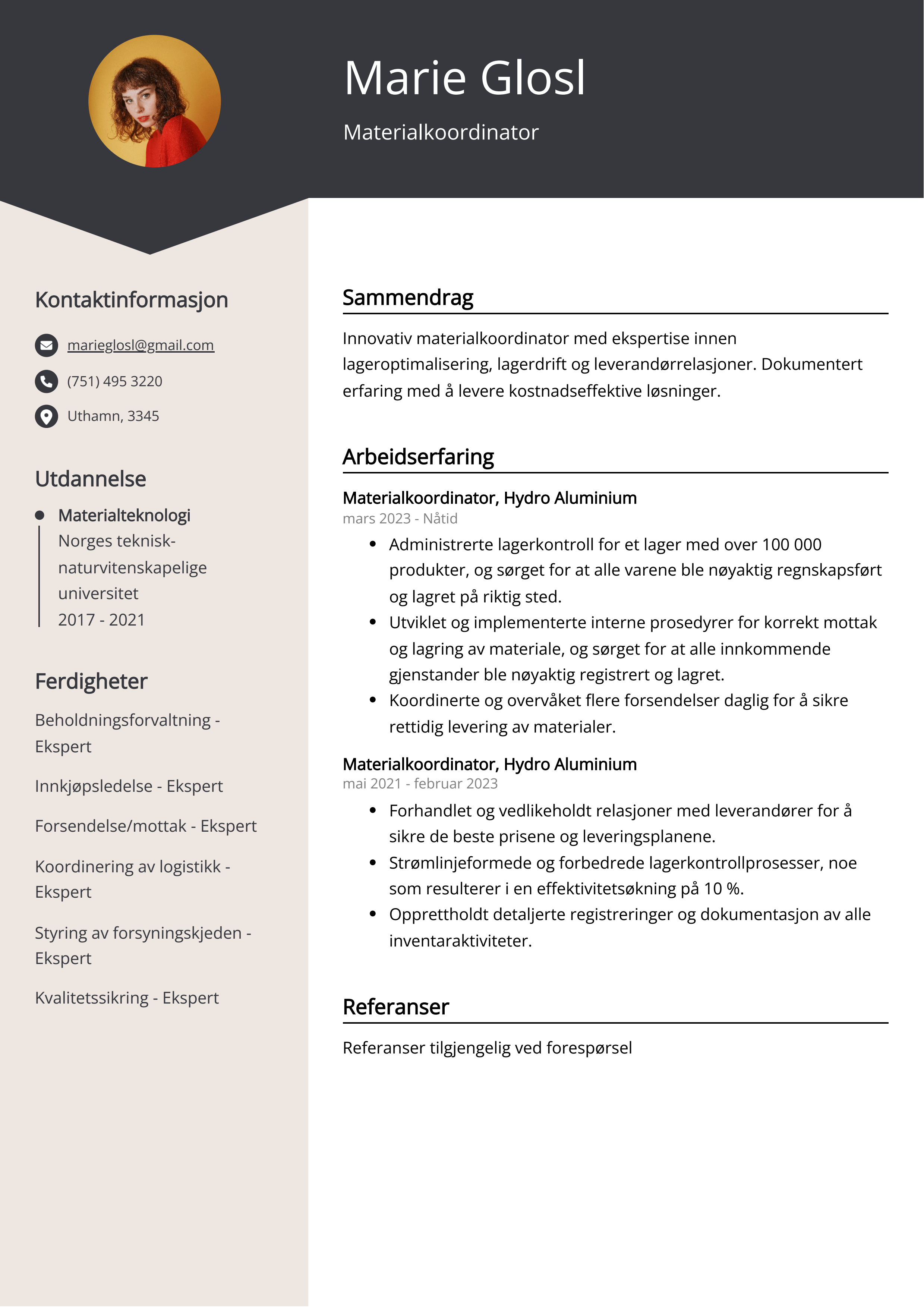 Eksempel på CV for materialkoordinator