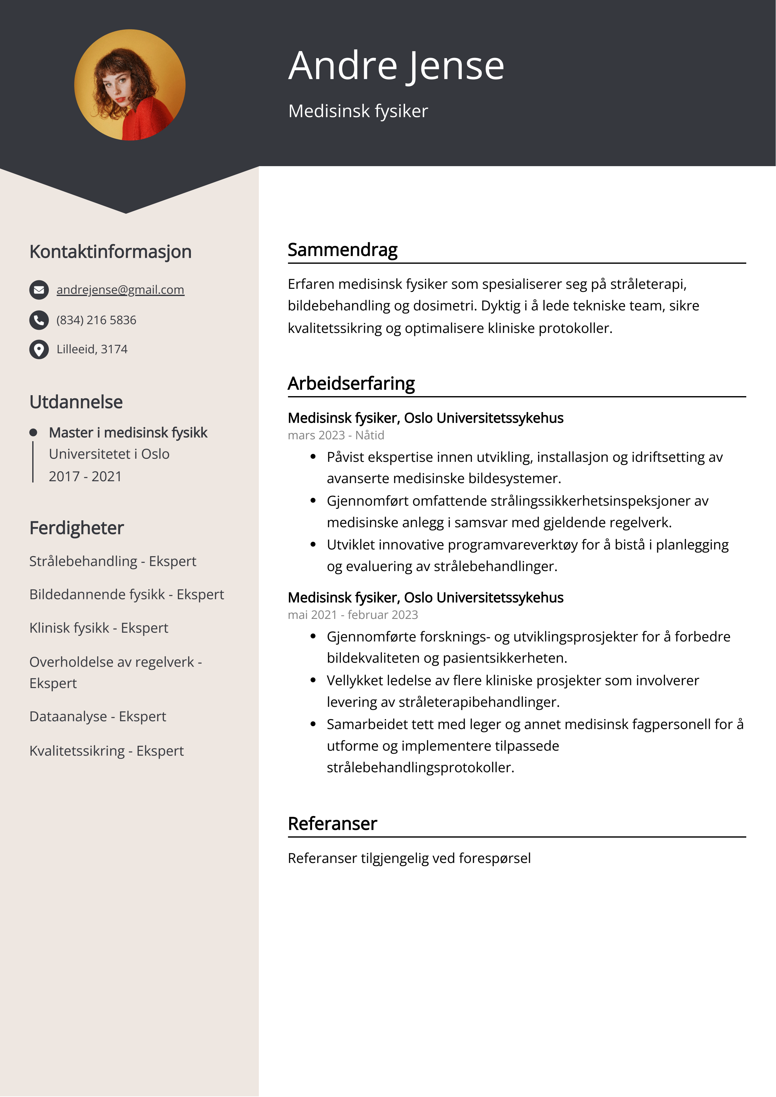 Medisinsk fysiker CV Eksempel